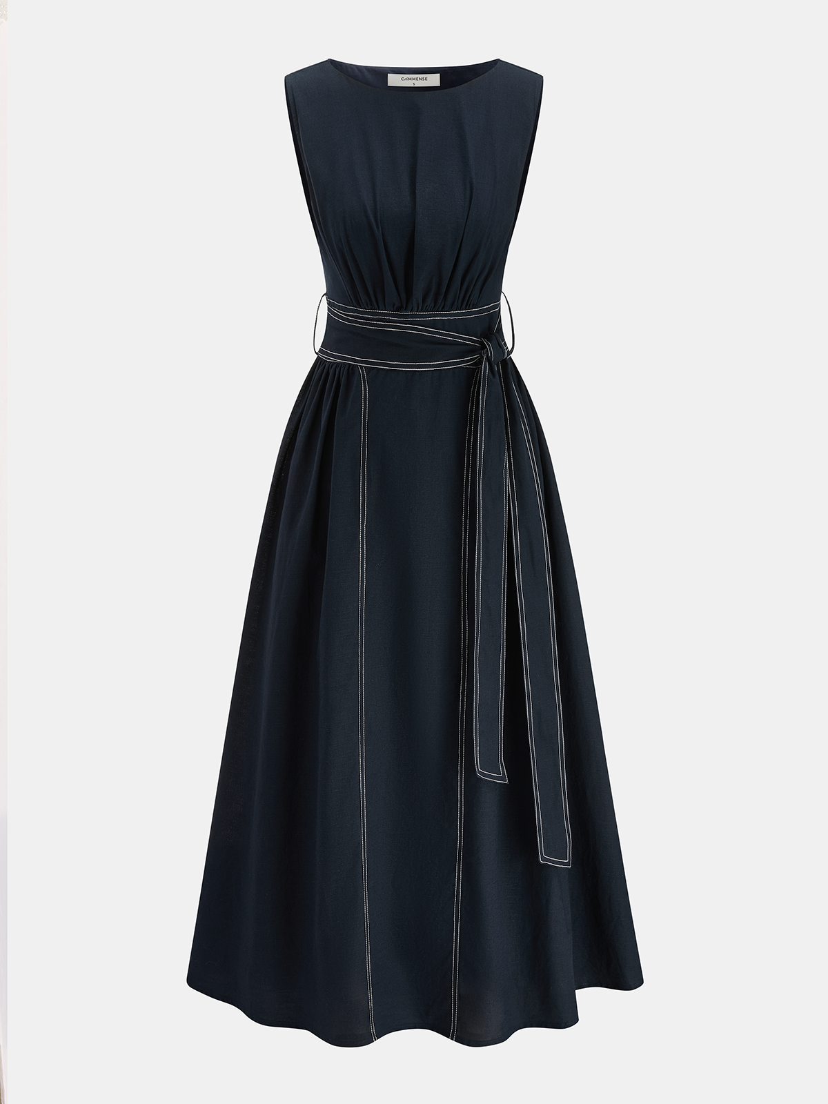Cotton Linen Sleeveless Belted Midi Dress for Women Casual Summer