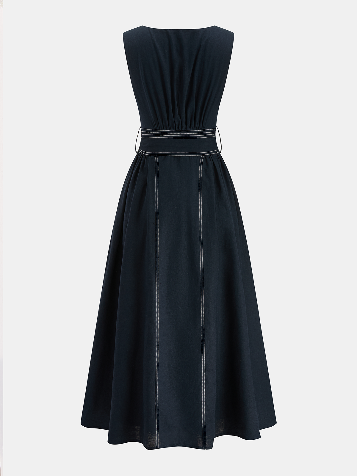 Cotton Linen Sleeveless Belted Midi Dress for Women Casual Summer