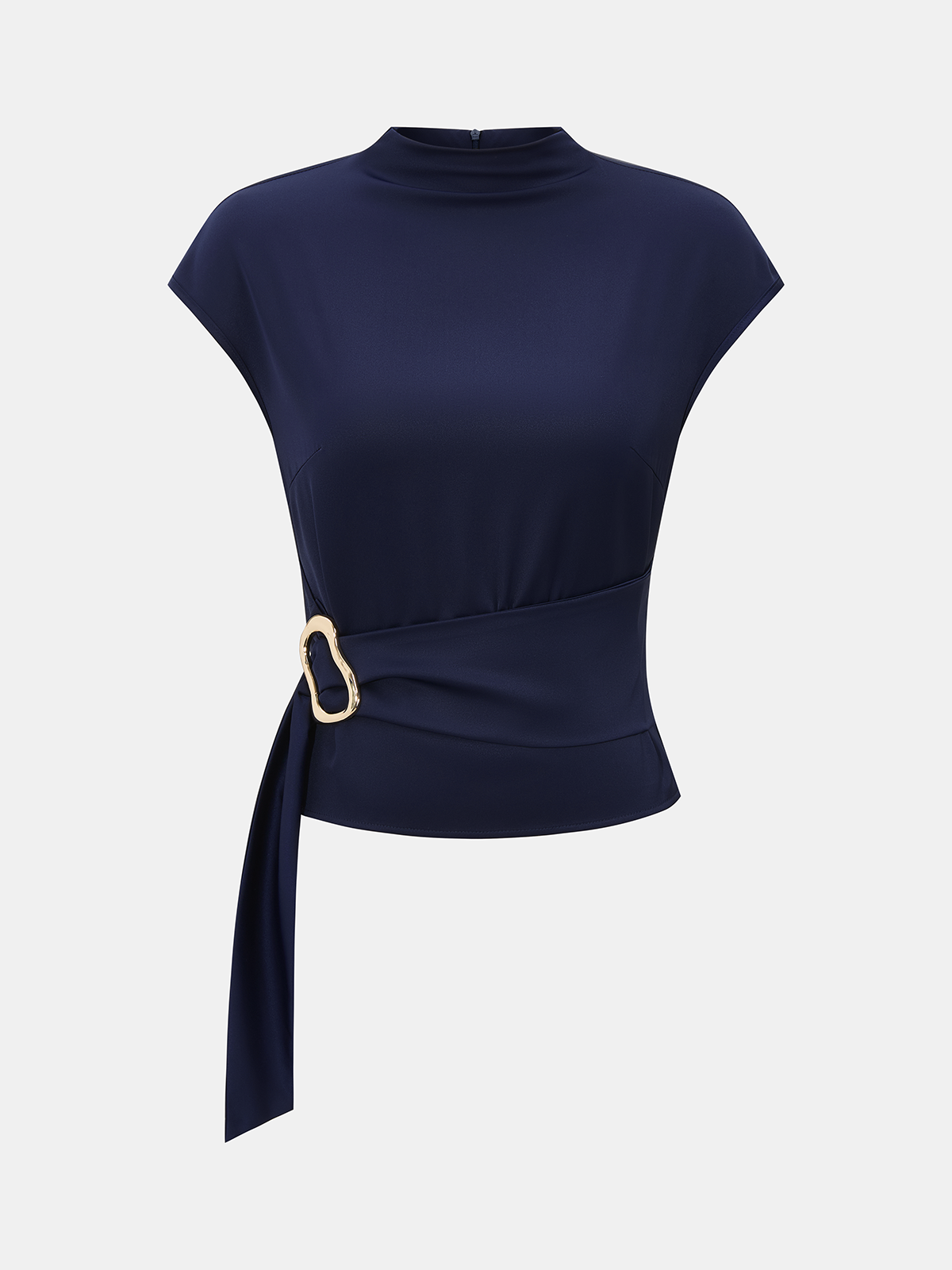 Metal Buckle Cap Sleeve Satin Top for Elegant Evening Wear