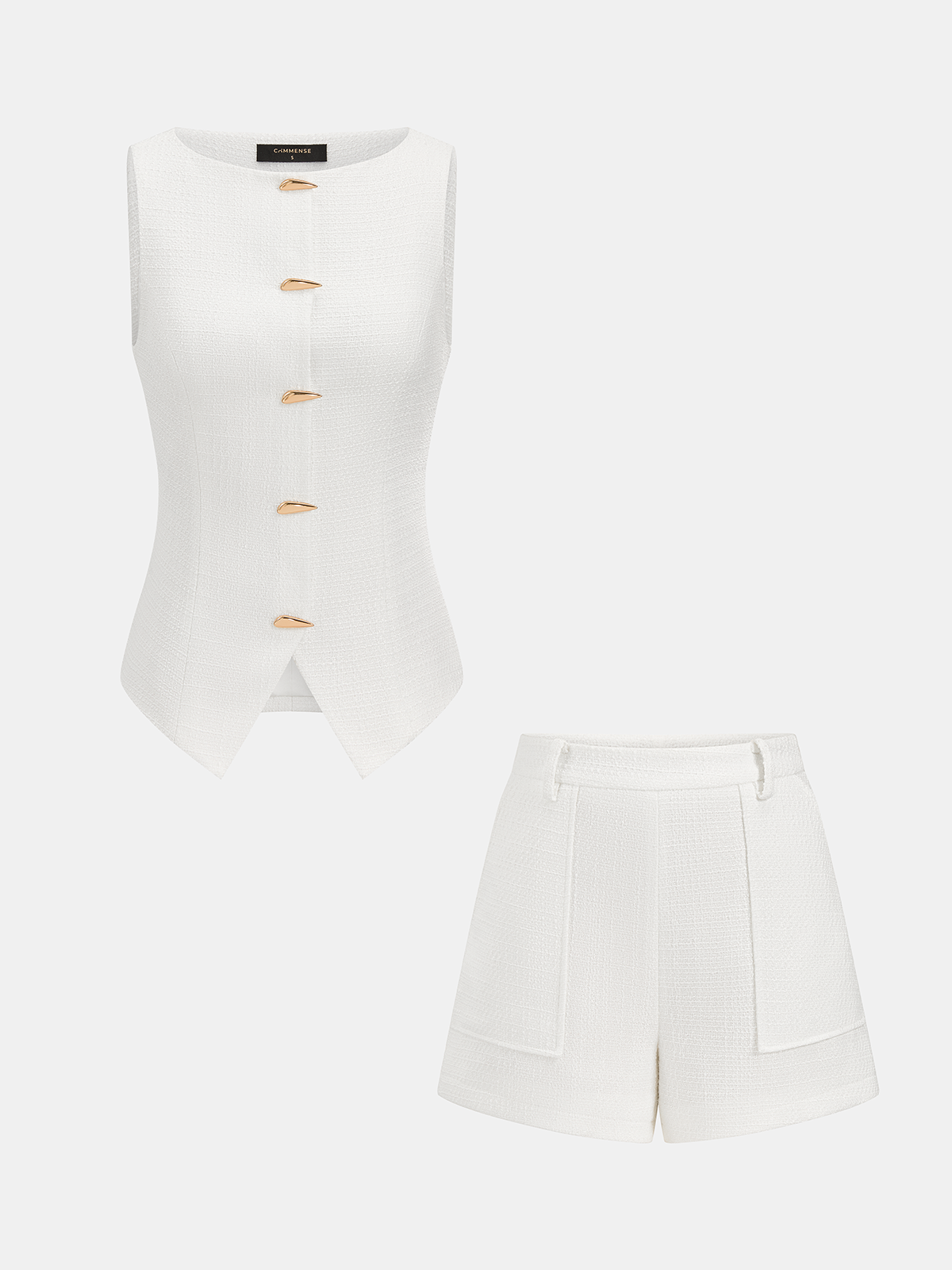 Tweed Sleeveless Metal Button Vest & Shorts Set, Elegant Women's Summer Outfit