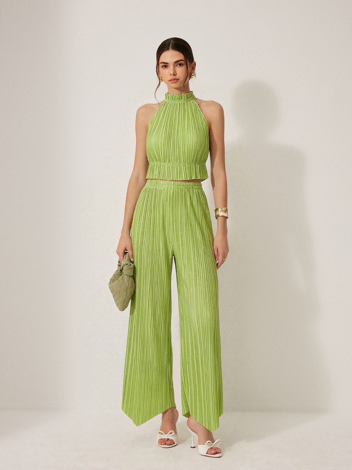 Pleated Halter Crop Top & High Waist Pants Set for Women