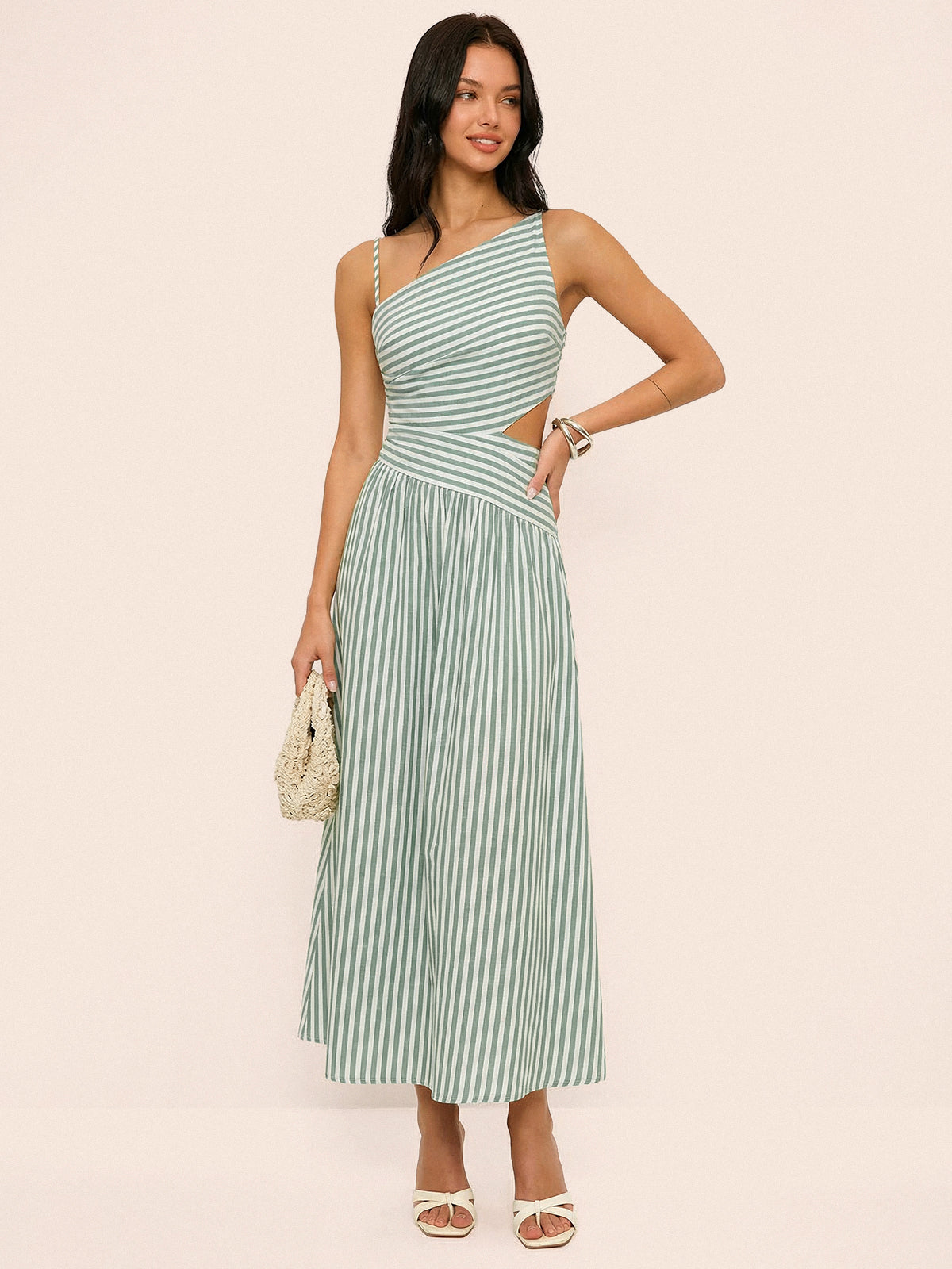 Striped Cut-Out Asymmetric Cami Maxi Dress for Summer Evenings