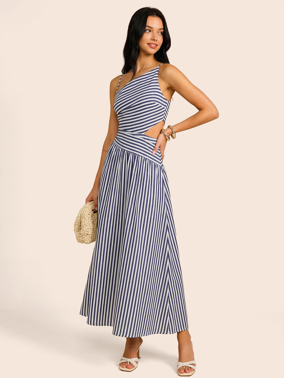 Striped Cut-Out Asymmetric Cami Maxi Dress for Summer Evenings