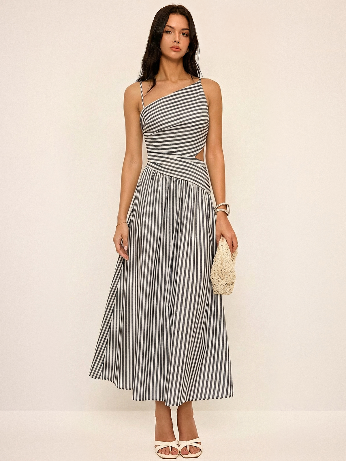 Striped Cut-Out Asymmetric Cami Maxi Dress for Summer Evenings