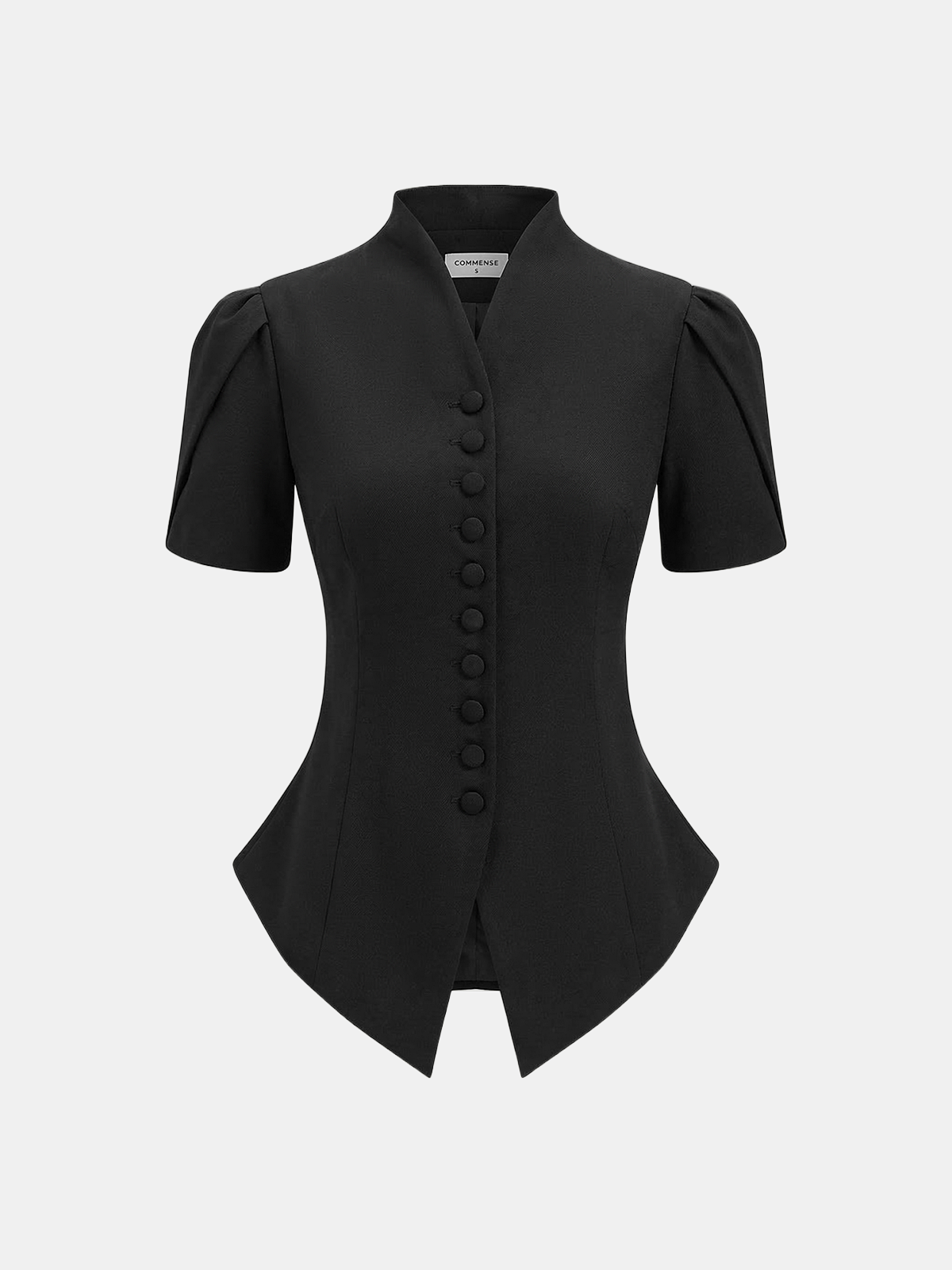 Short Sleeve Stand Collar Buttoned Slim Blouse for Office Wear Women