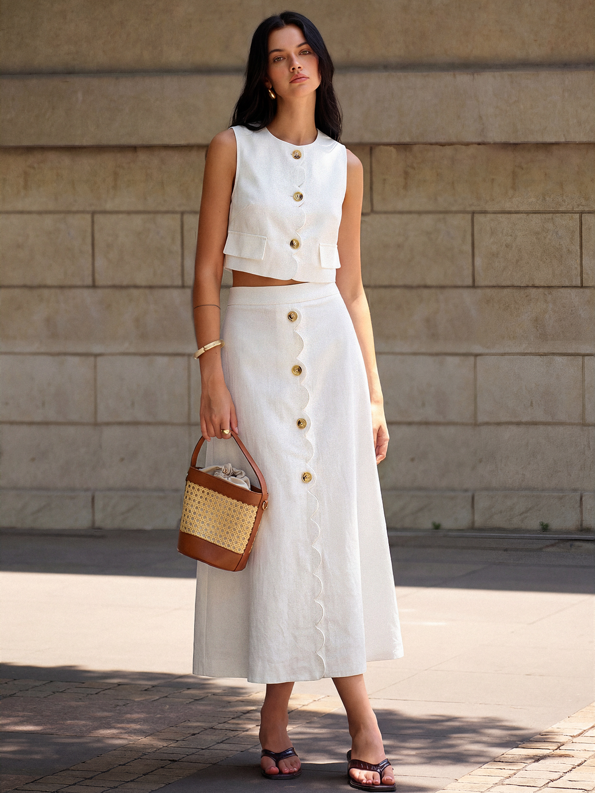 Cotton Linen Scallop Trim Vest & Skirt Set for Women Casual Summer