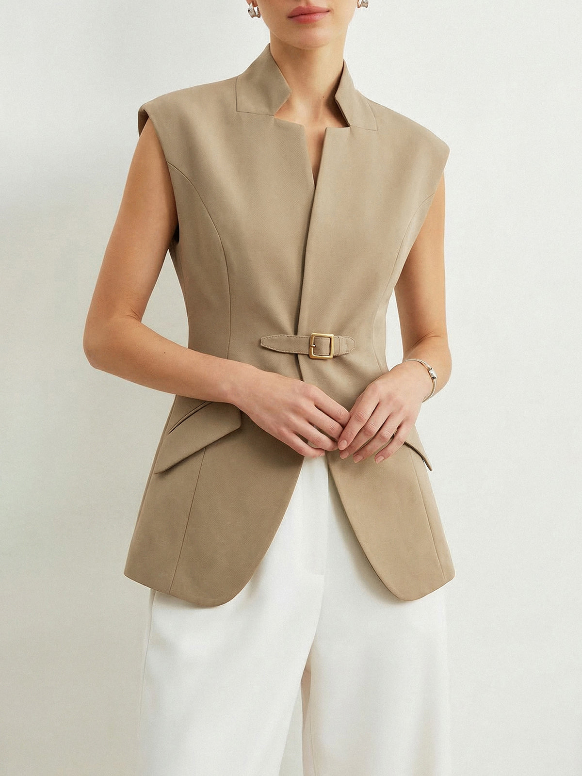Notch Lapel Buckle Detail Women's Fashion Blazer Vest for Work