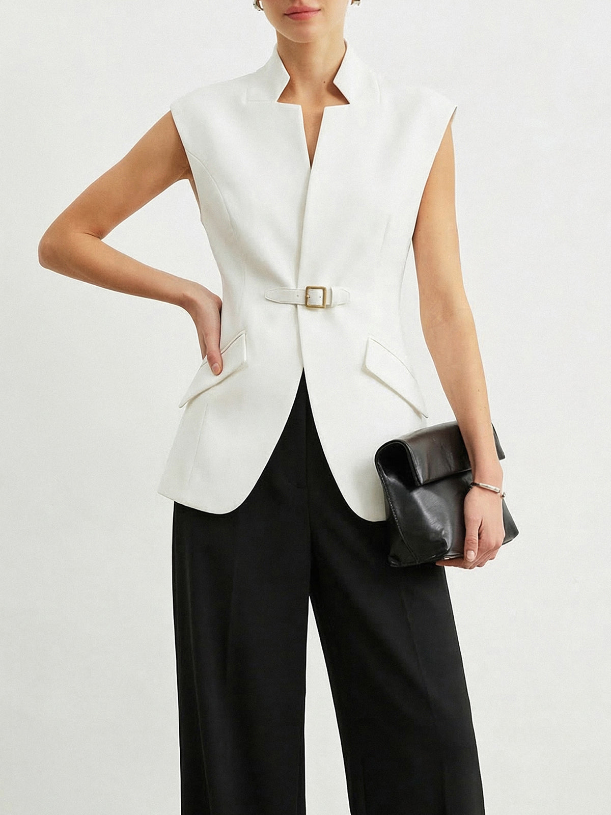 Notch Lapel Buckle Detail Women's Fashion Blazer Vest for Work