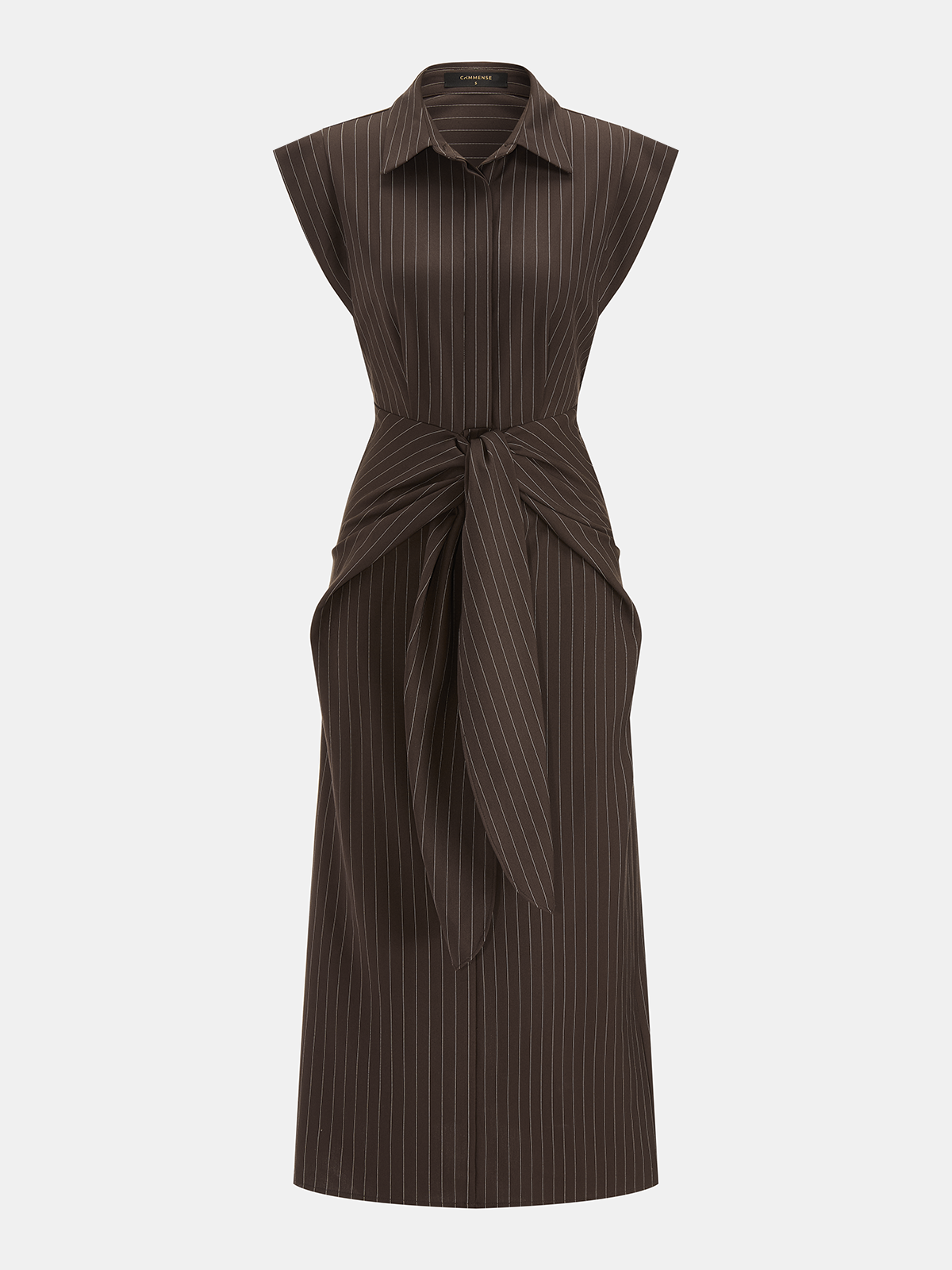 Pinstripe Sleeveless Tie-Waist Shirt Dress with Button Front Detail