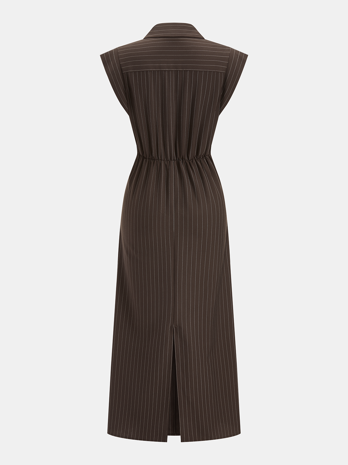 Pinstripe Sleeveless Tie-Waist Shirt Dress with Button Front Detail