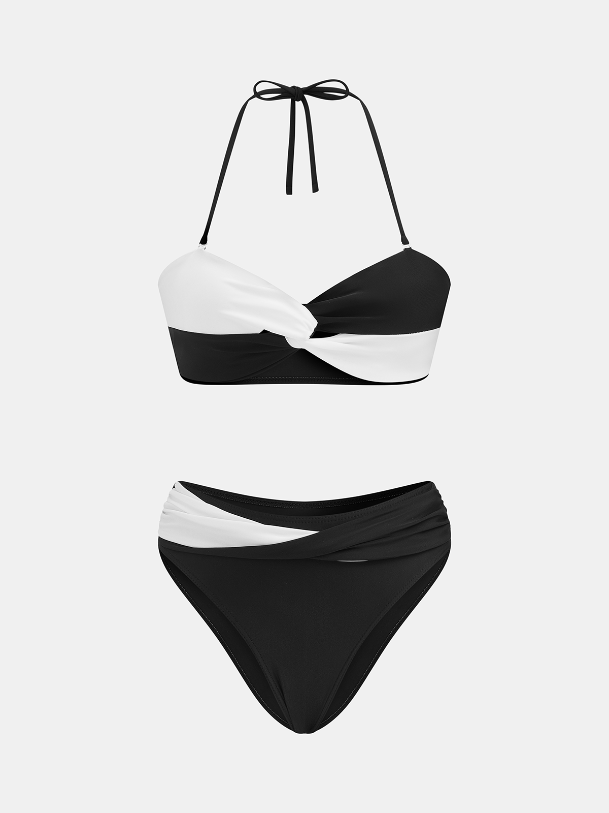Two-Tone Twist Front Halter Bikini Set with Adjustable Ties and Support