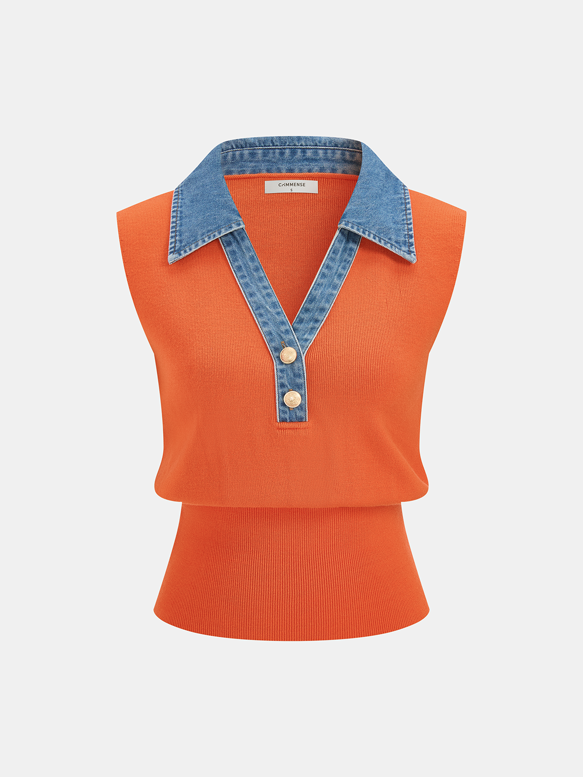 Denim Collar Metal Button Sleeveless Knit Vest, Casual Layering Fashion Piece