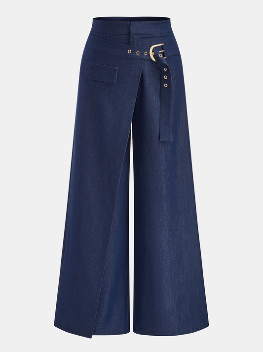 Buckle-Waist Overlap Wide Leg Pants Comfortable High Waist Fit