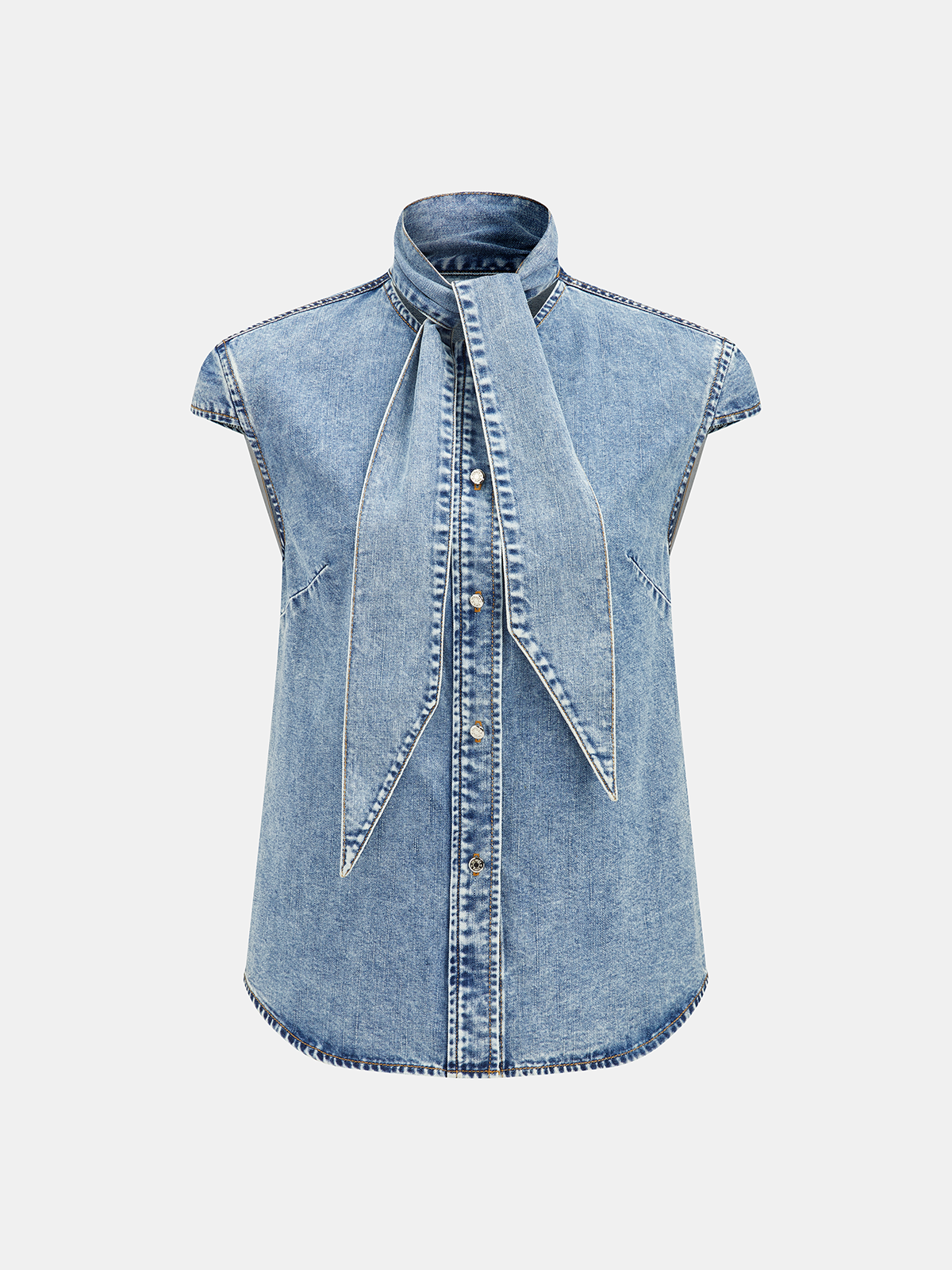 Tie Neck Sleeveless Denim Shirt for Women Casual Summer Style