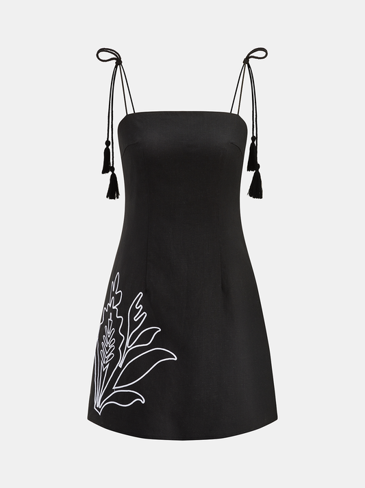 Tassel Tie Embroidered Linen Blend Mini Dress with Floral Detail