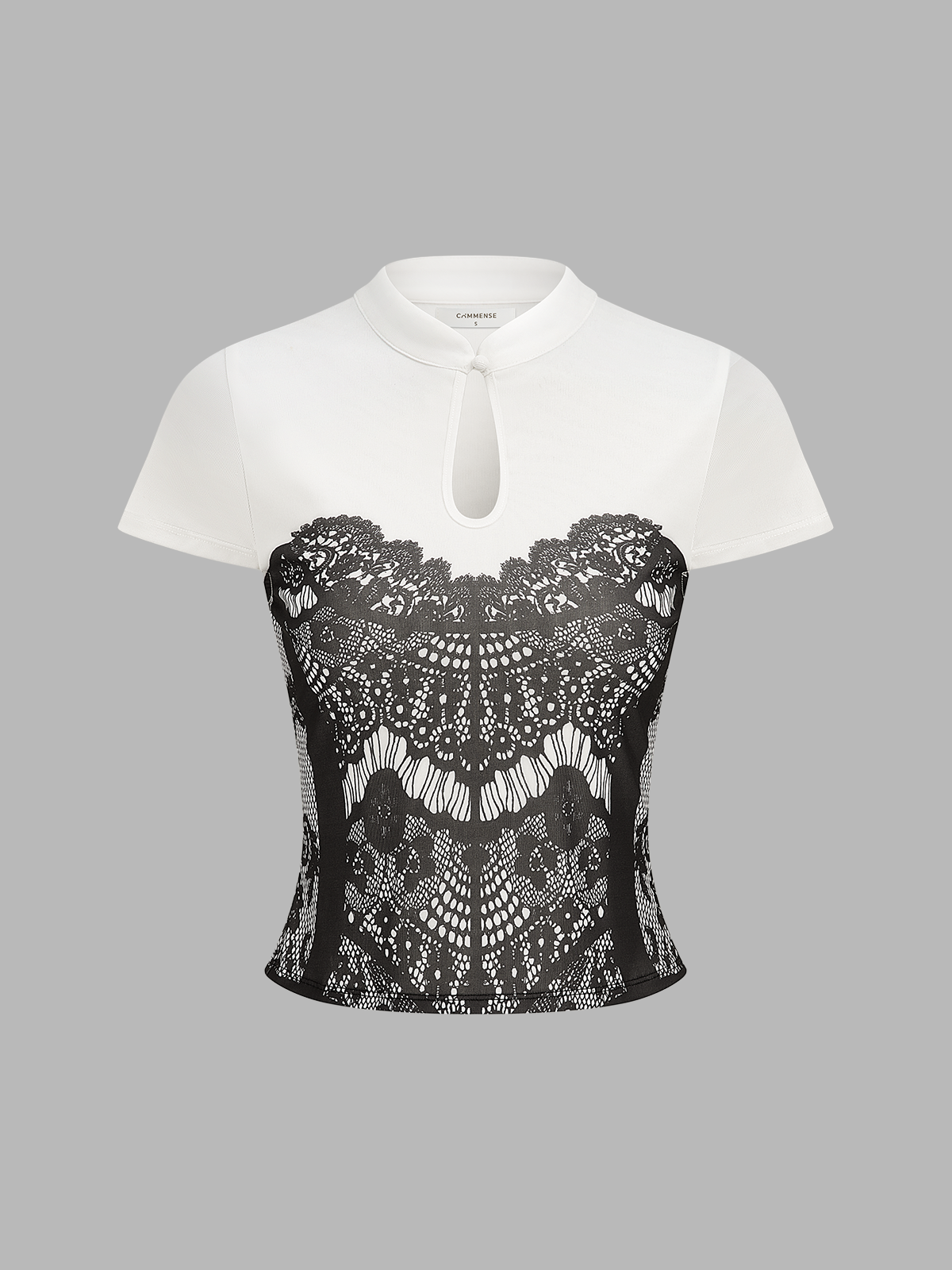 Lace Print Keyhole Neck Short Sleeve Top Women's Casual Blouse