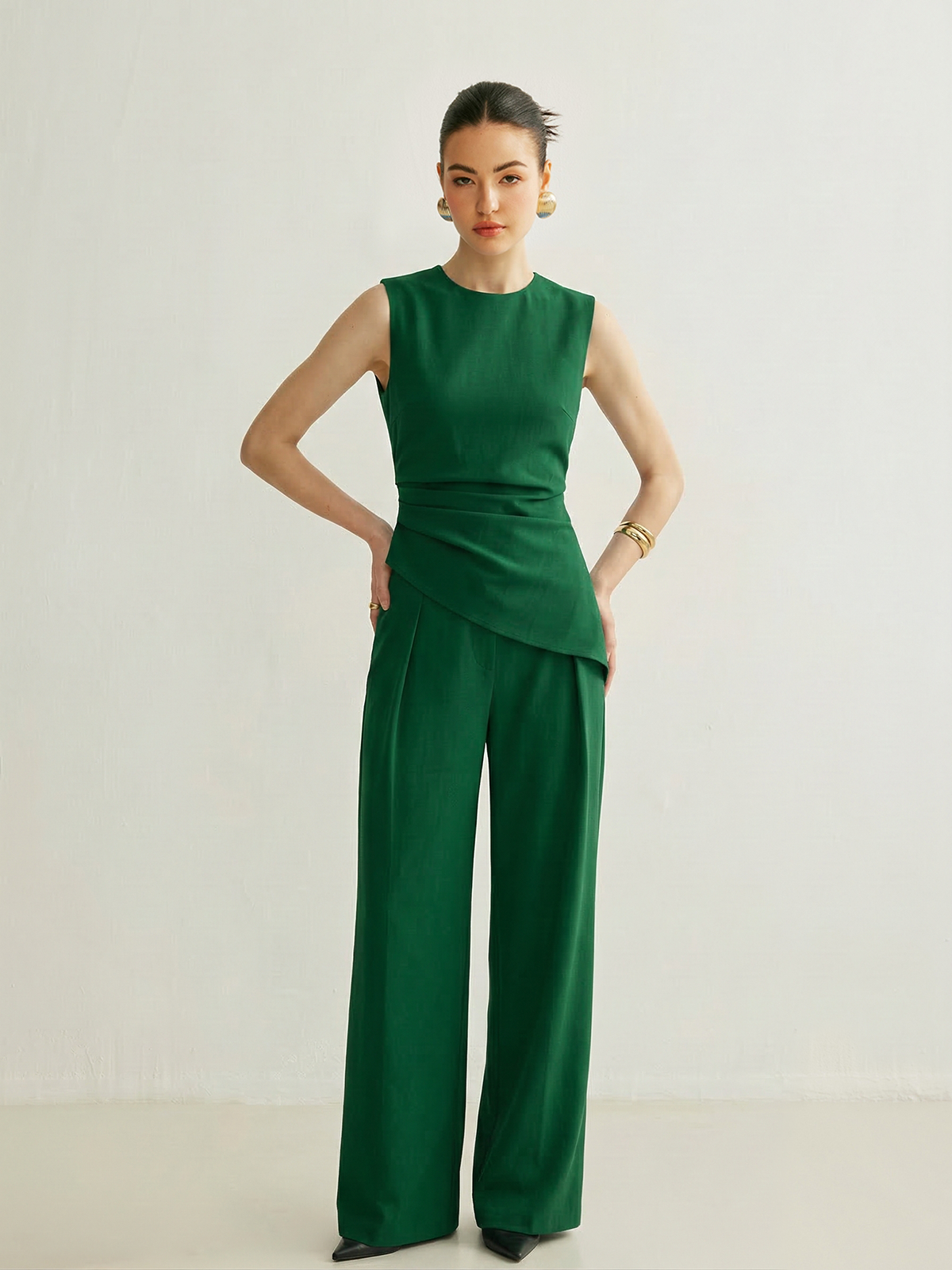 Sleeveless Asymmetric Top & Pleated Pants Set for Women's Formal Wear