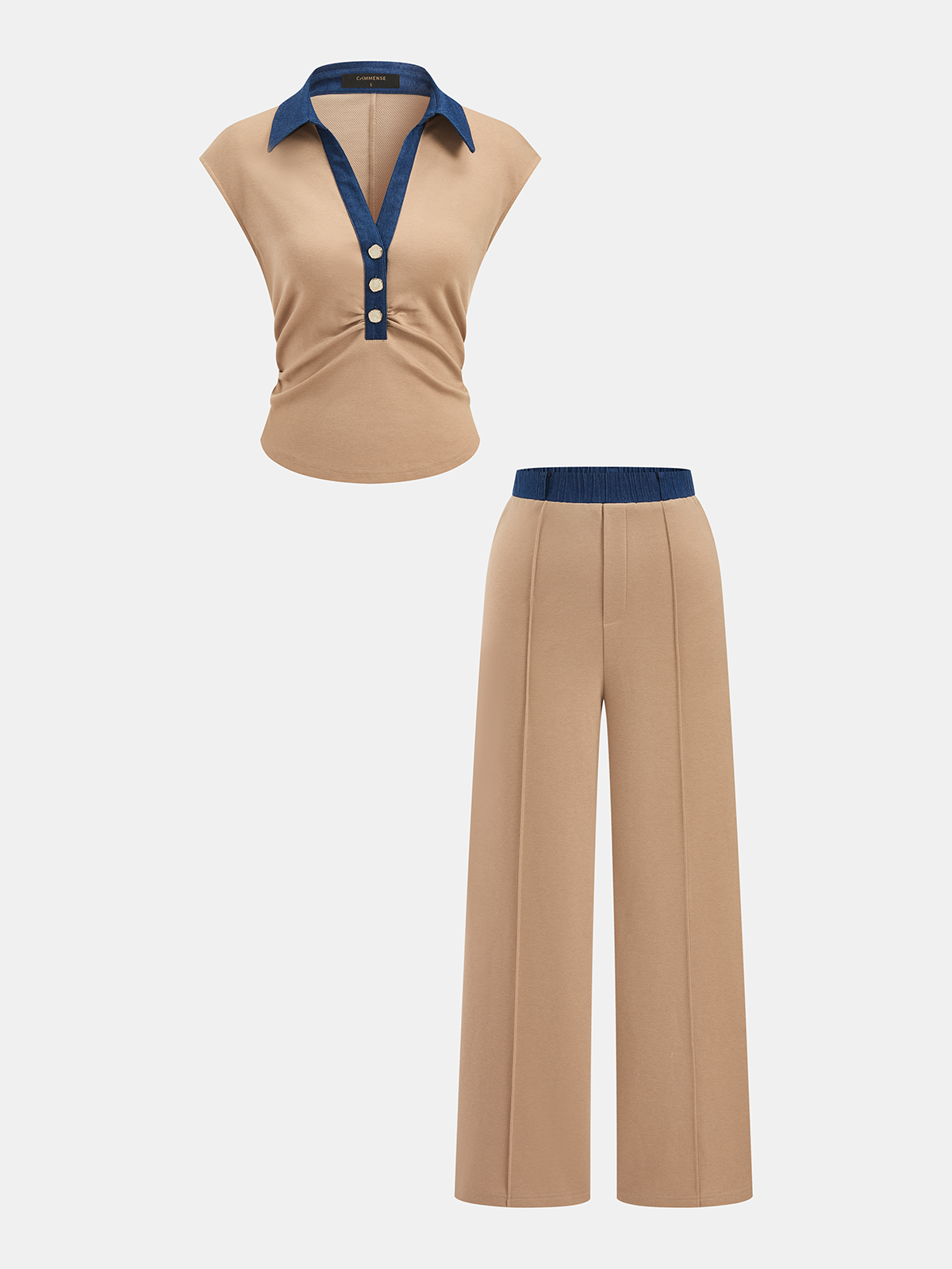 Denim Panel Sleeveless Knit Top & Pants Set for Women Comfort Fit