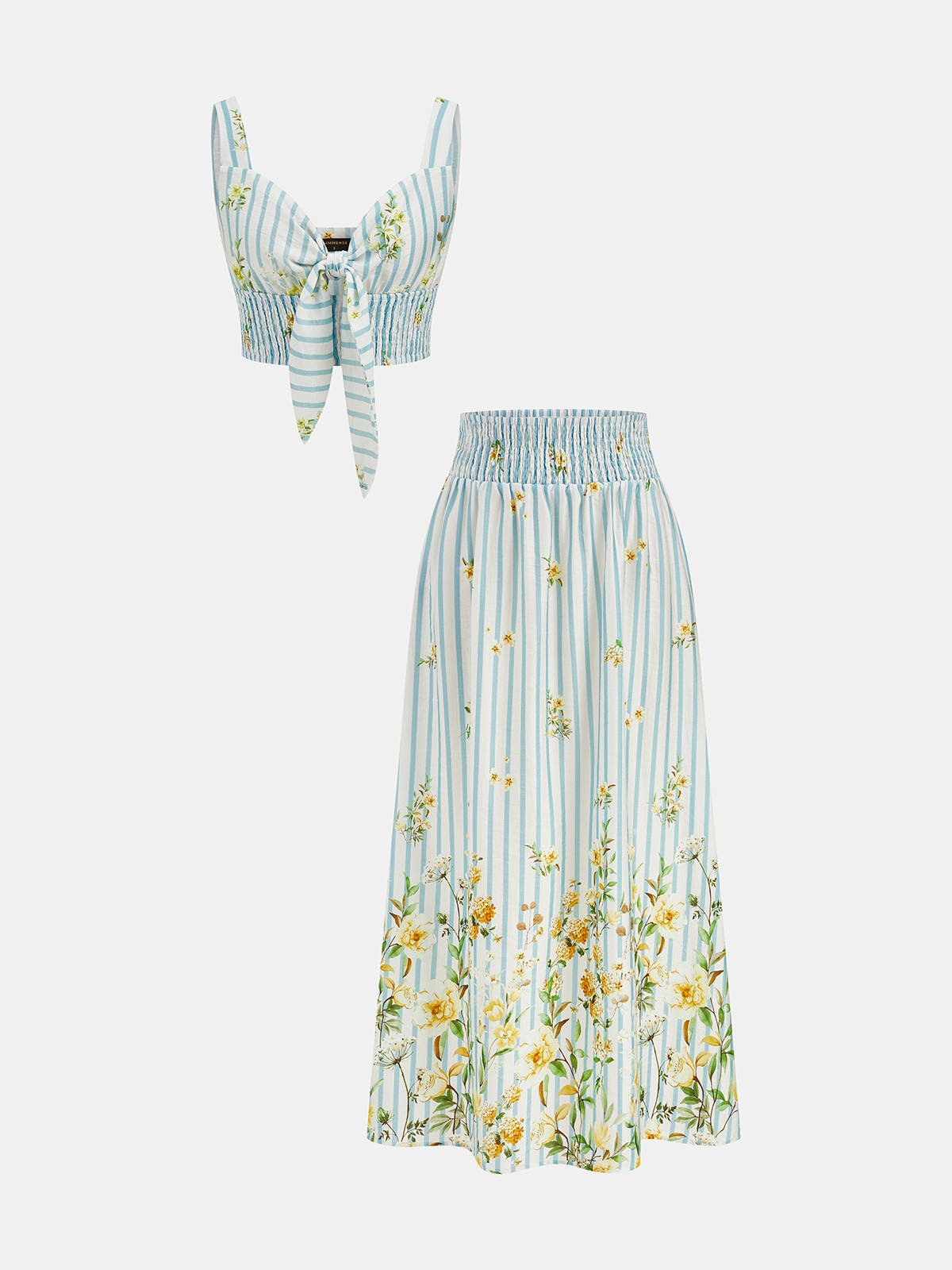 Floral Print Striped Smocked Top & Skirt Set for Women Spring Collection