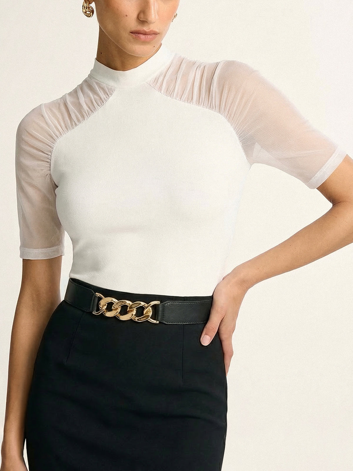 Mock Neck Mesh Sleeve Knit Top with Stretch Fit Fabric