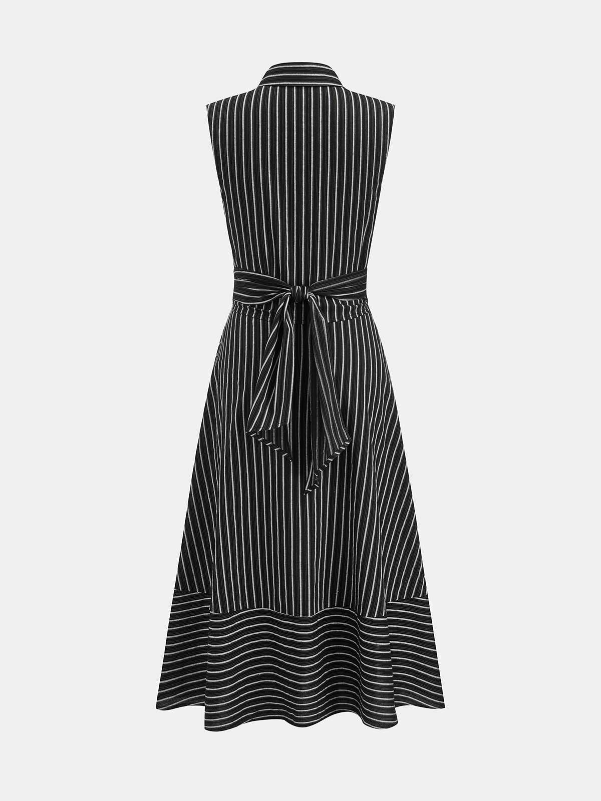 Striped Collared Sleeveless Tie Waist Midi Dress with Side Pockets