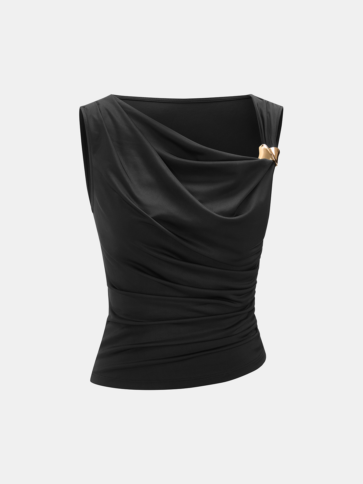 Metal Detail Satin Ruched Cowl Neck Tank Top with Adjustable Straps