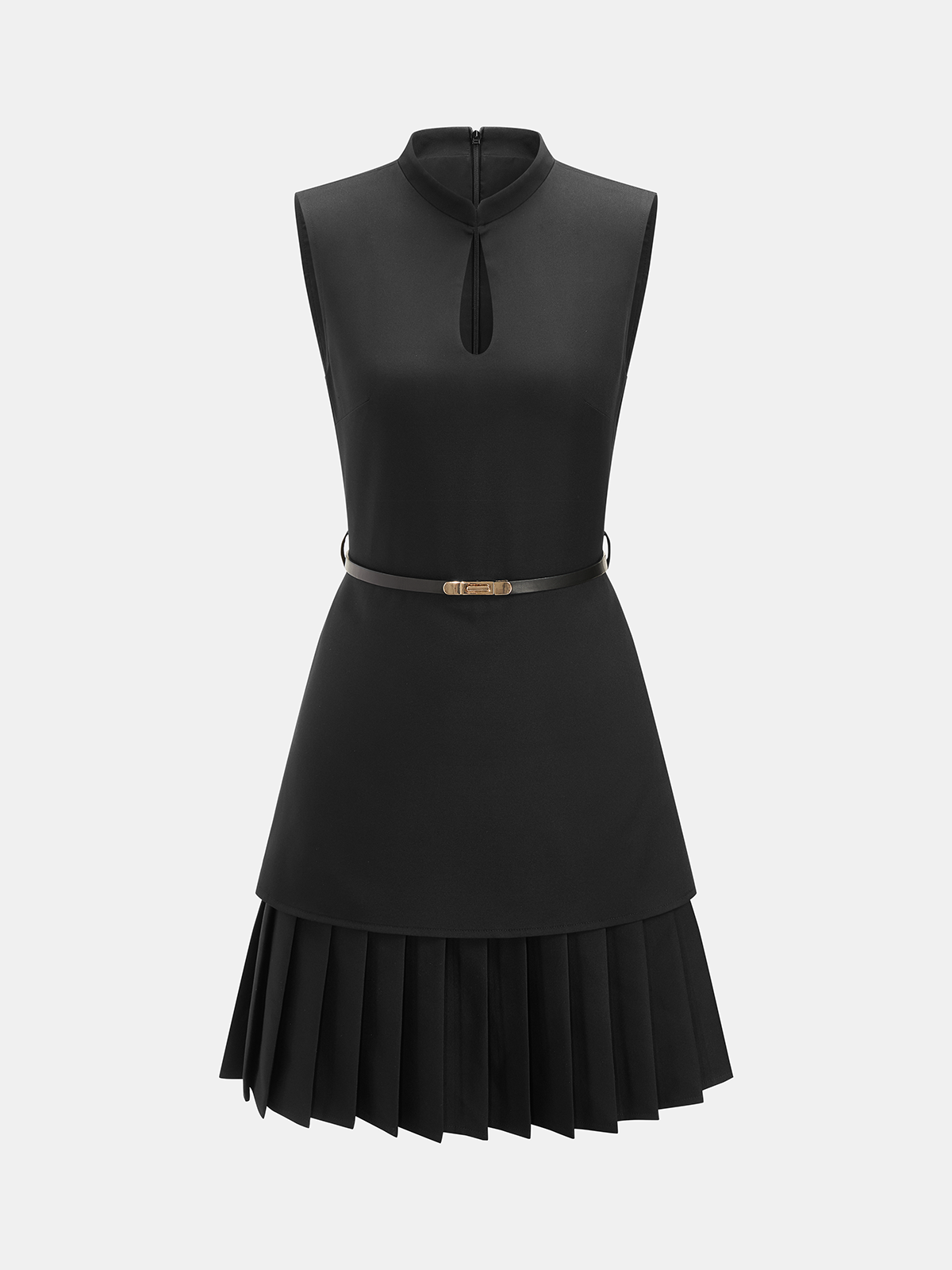 Sleeveless Keyhole Pleated Belted Mini Dress for Women Elegant Party Style