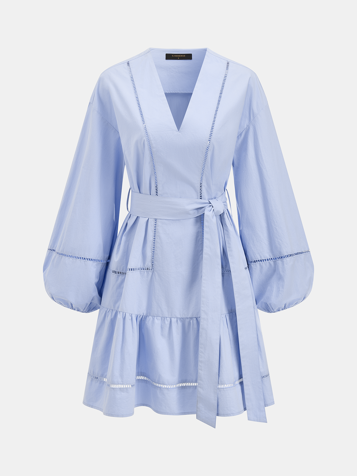 Cotton V-Neck Lantern Sleeve Belted Mini Dress for Women Casual Party