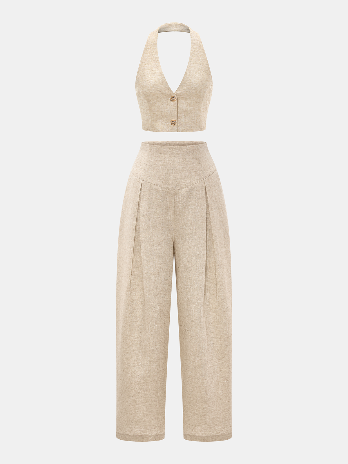 Linen Blend Halter Crop Top & Pants Set with Tie Detail