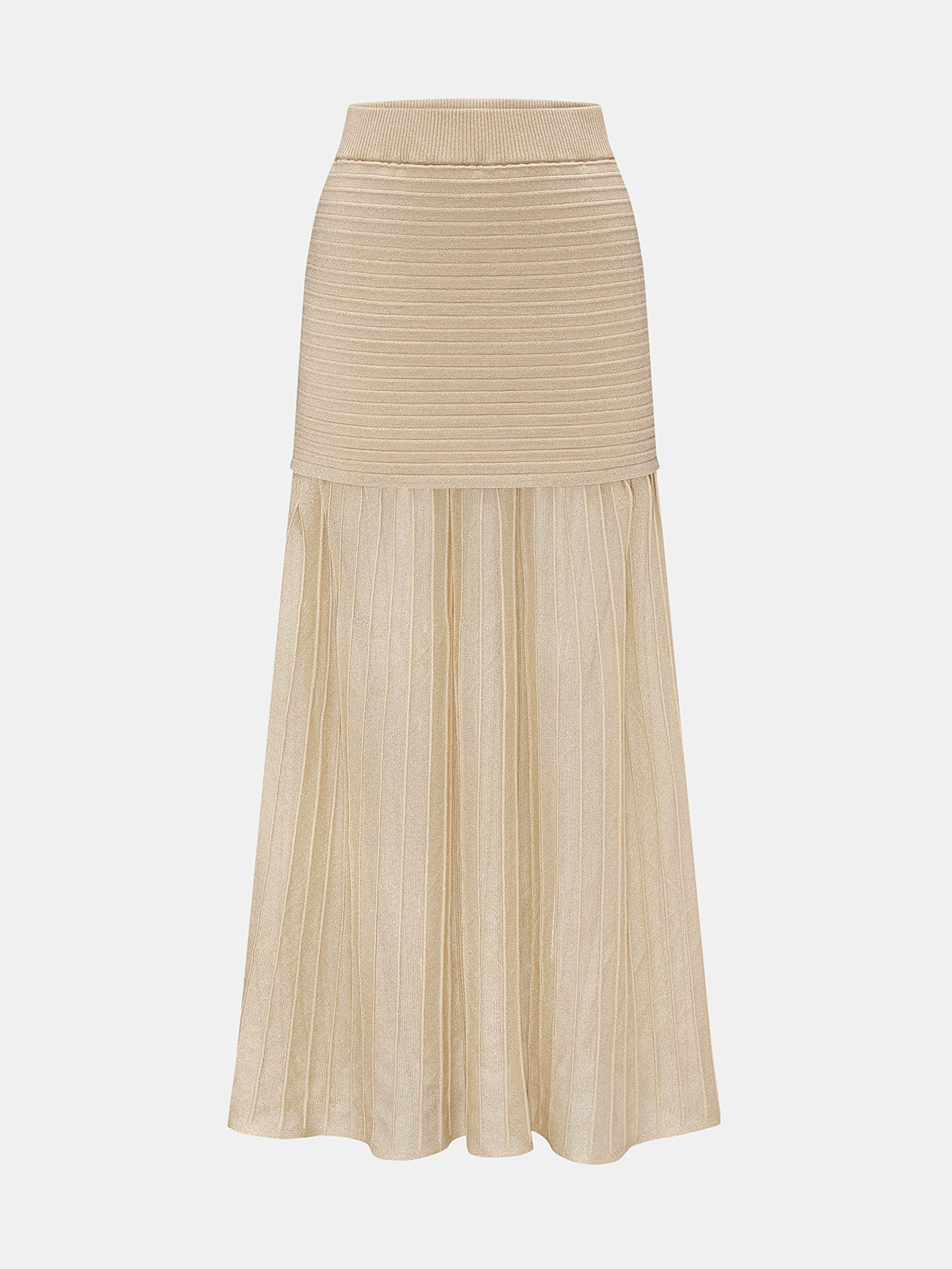 High Waist Patchwork Pleated Midi Skirt with Elastic Waistband