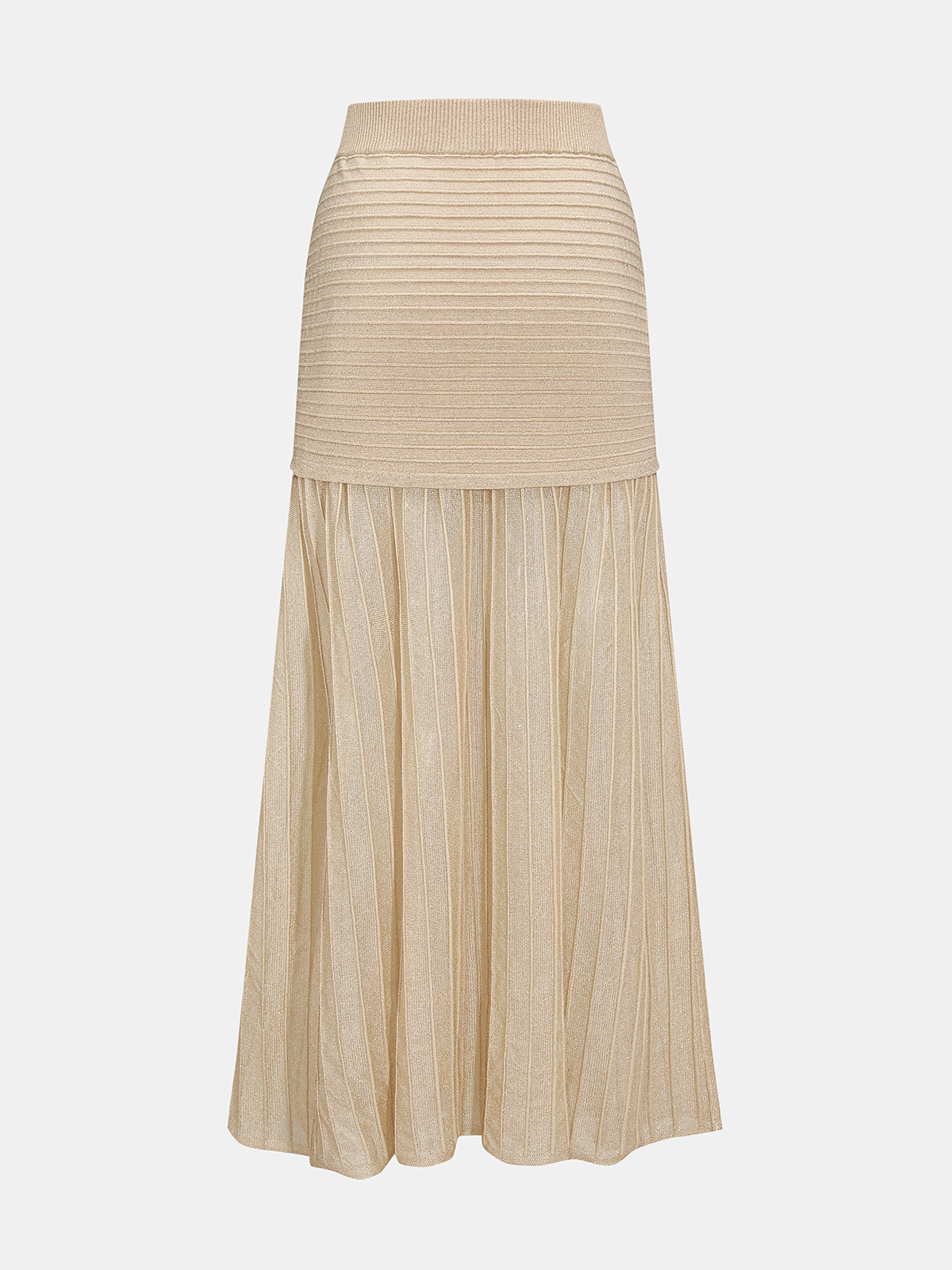 High Waist Patchwork Pleated Midi Skirt with Elastic Waistband
