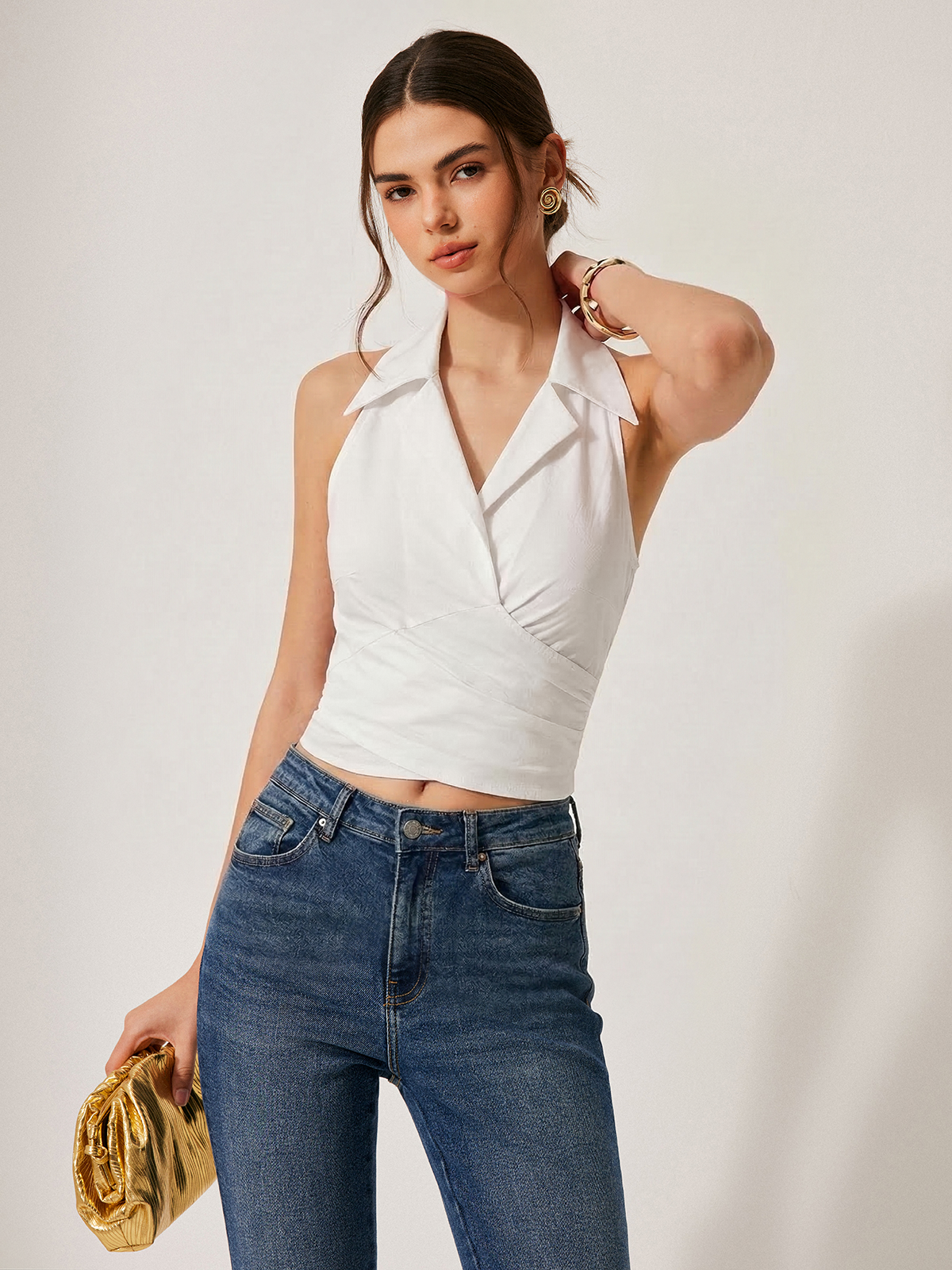 Collared Sleeveless Knotted Cropped Blouse - Trendy Women's Summer Fashion Top