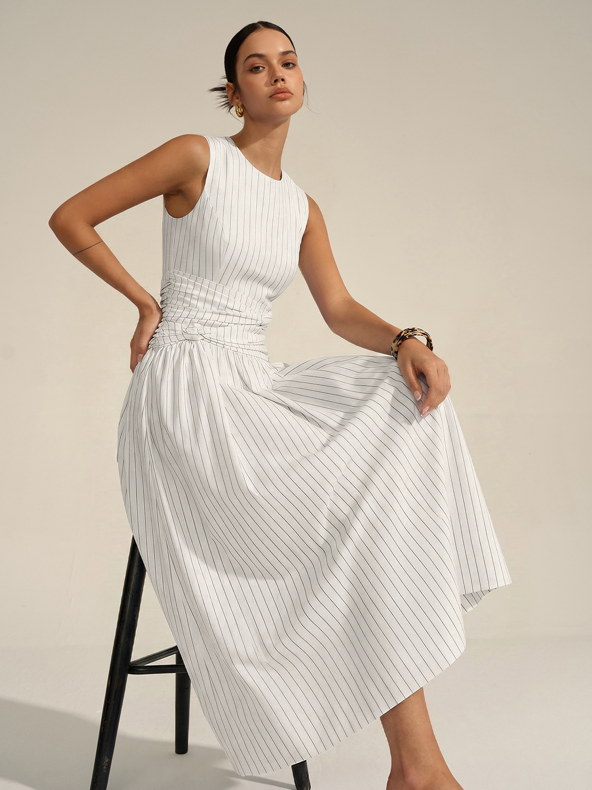 Cotton Blend Striped Ruched Sleeveless Maxi Dress for Women Summer Casual
