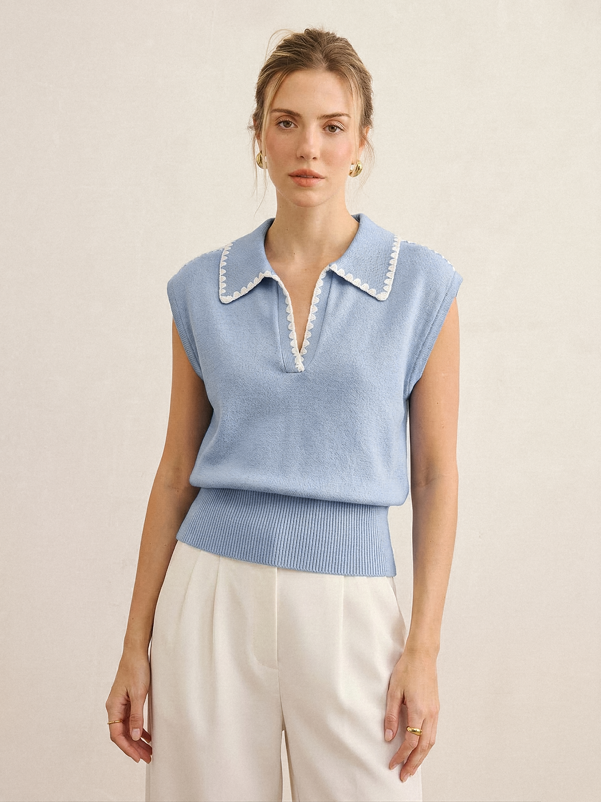 Contrast Trim Sleeveless Knit Polo Vest - Women's Casual Summer Top