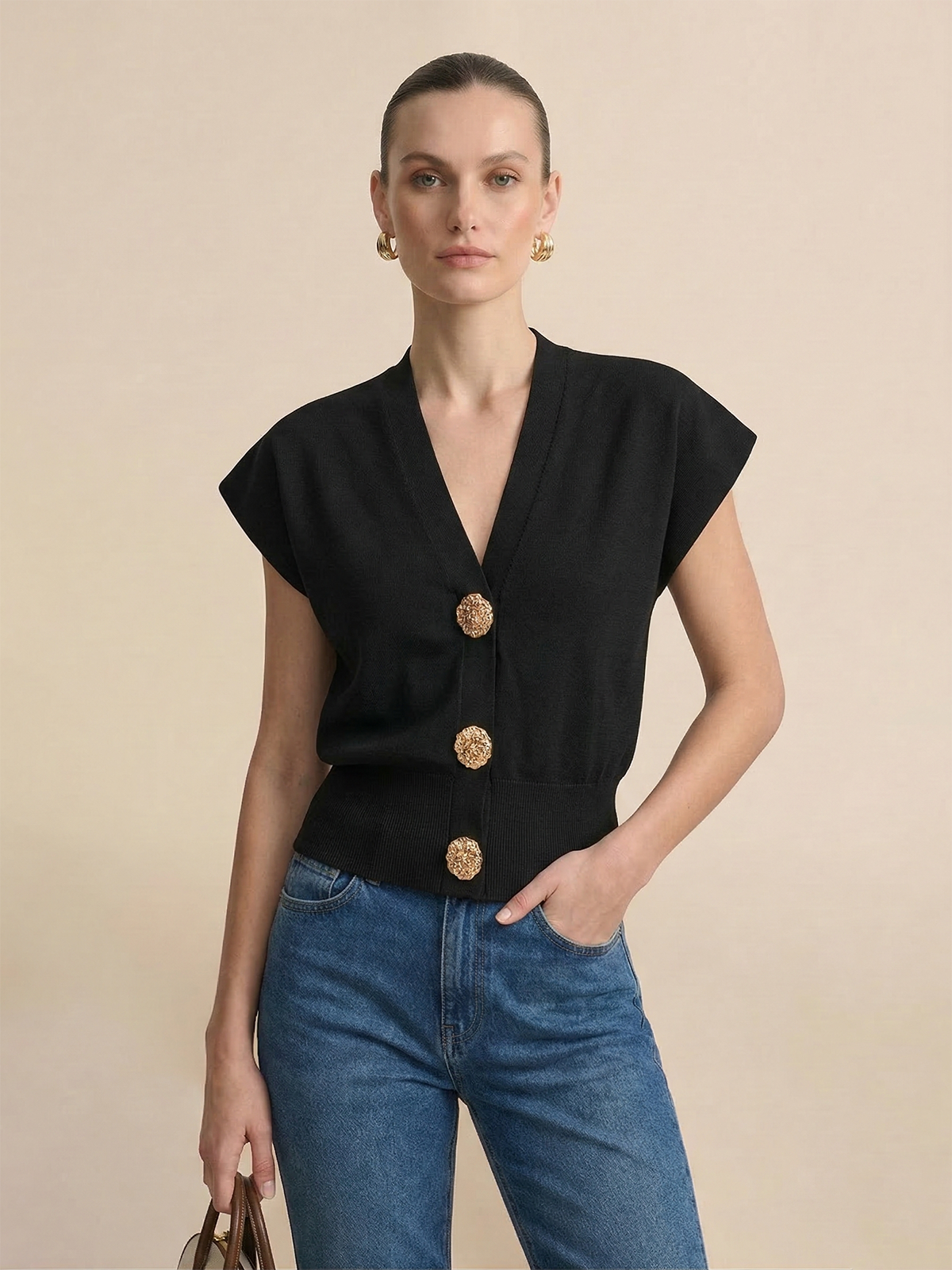 V-Neck Cap Sleeve Knit Top Casual Lightweight Summer Wear