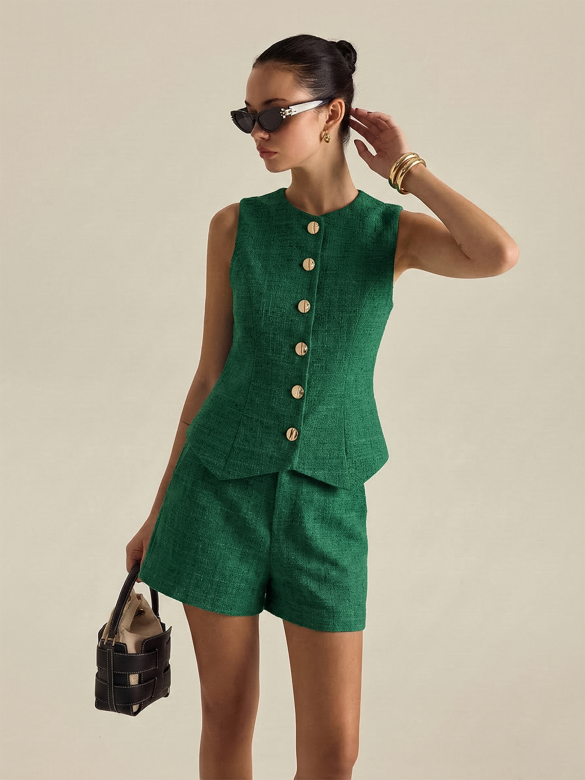 Tweed Buttoned Vest & Mini Shorts Set Classic Outfit for Women