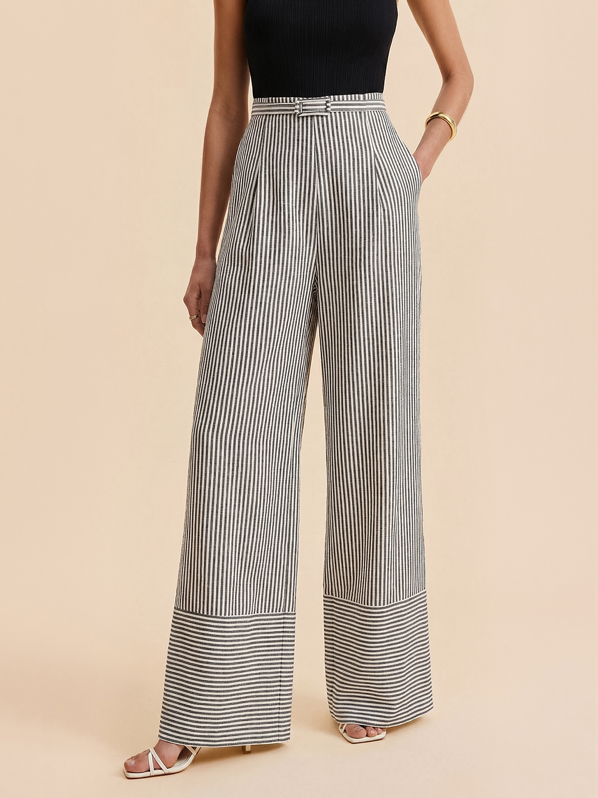 Belted Striped Wide-Leg Pants for Women Comfort Fit
