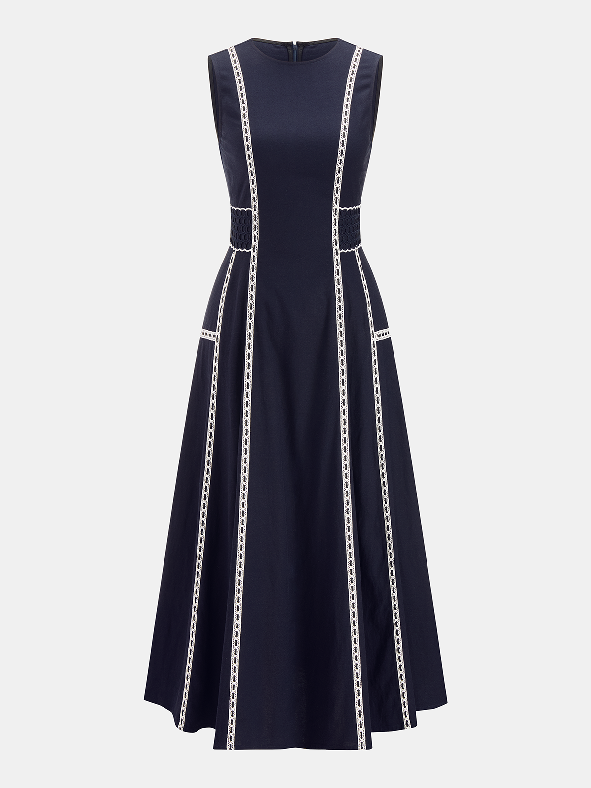 Contrast Lace Trim Sleeveless Midi Dress with Back Zip Closure