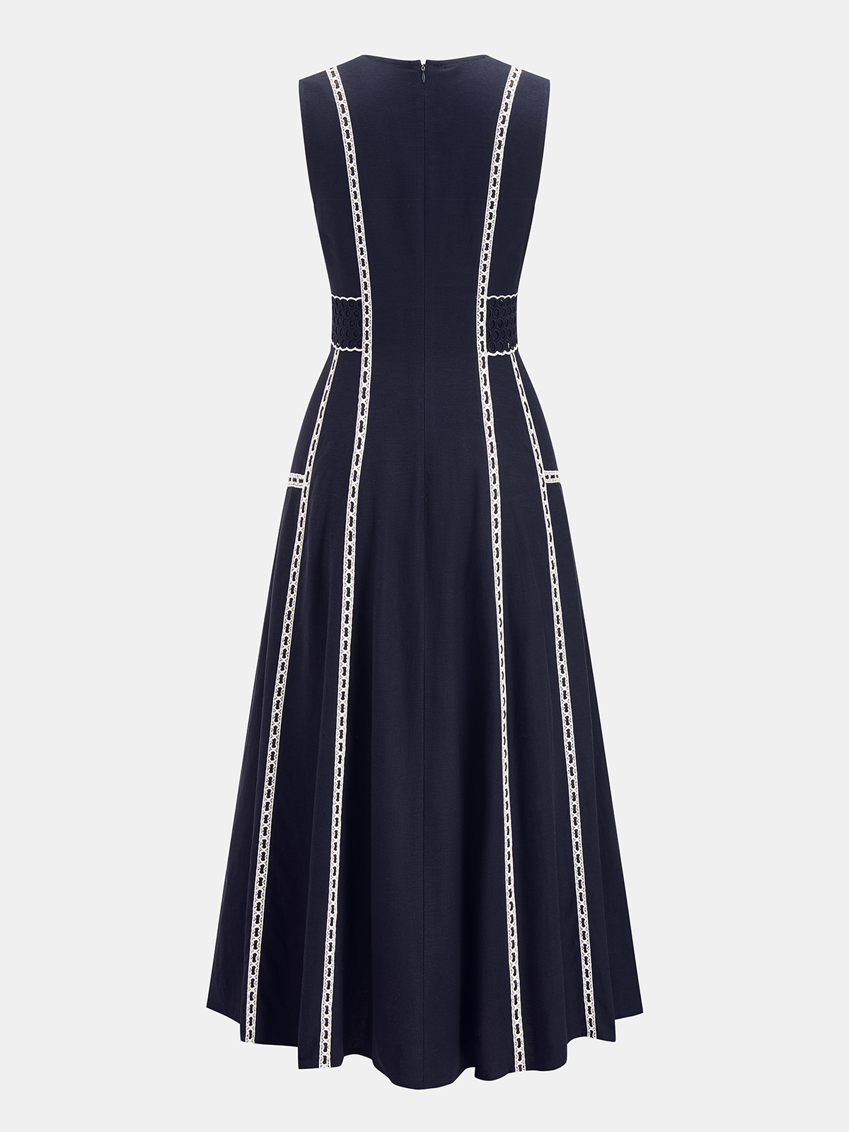 Contrast Lace Trim Sleeveless Midi Dress with Back Zip Closure