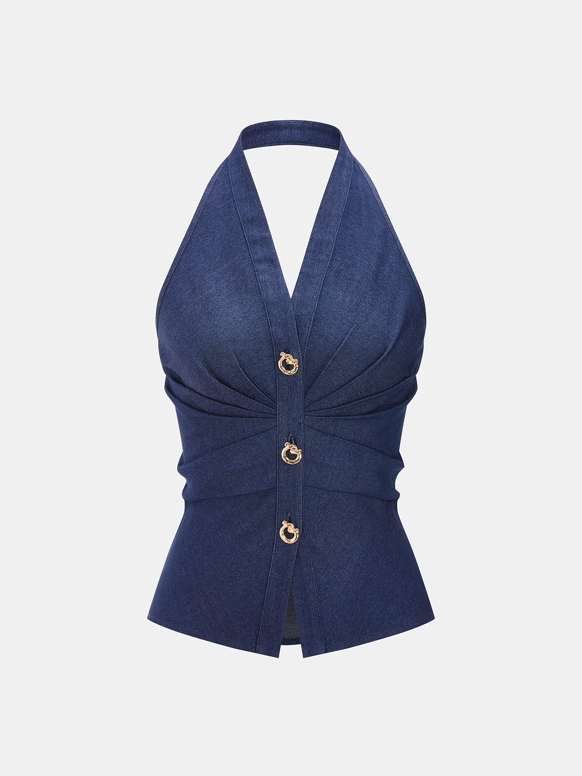 Metal Button Denim Halter Ruched Top - Versatile Women's Streetwear Essential