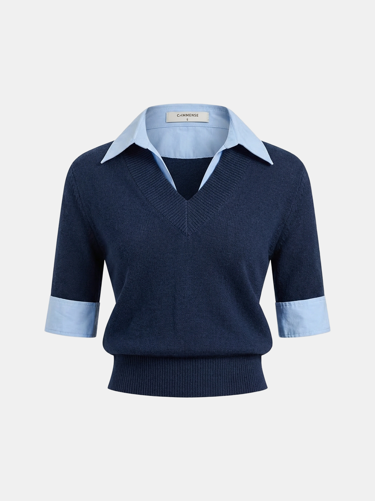 Contrast Collar Elbow Sleeve Knit Top for Women Casual Wear