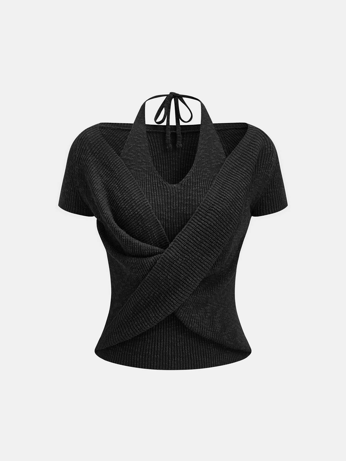 Halter Wrap Short Sleeve Knit Top Comfort Fit Casual Style