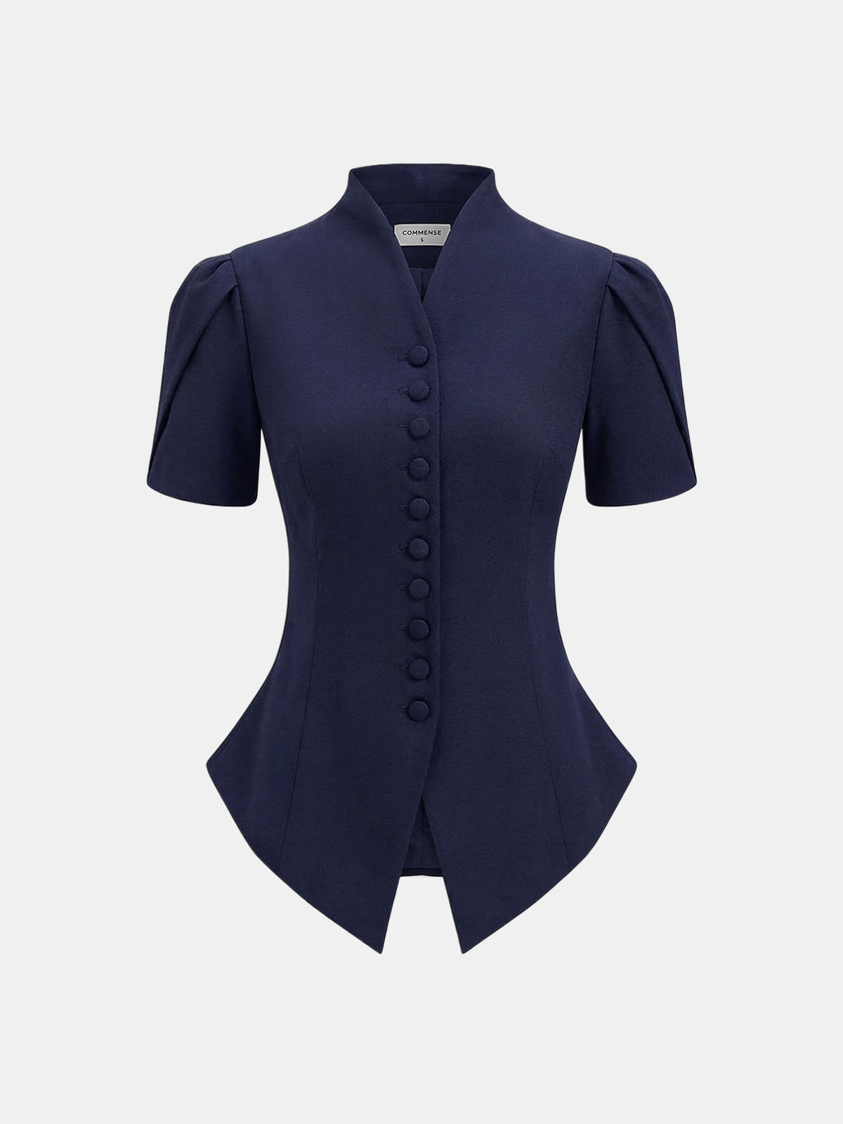 Short Sleeve Stand Collar Buttoned Slim Blouse for Office Wear Women