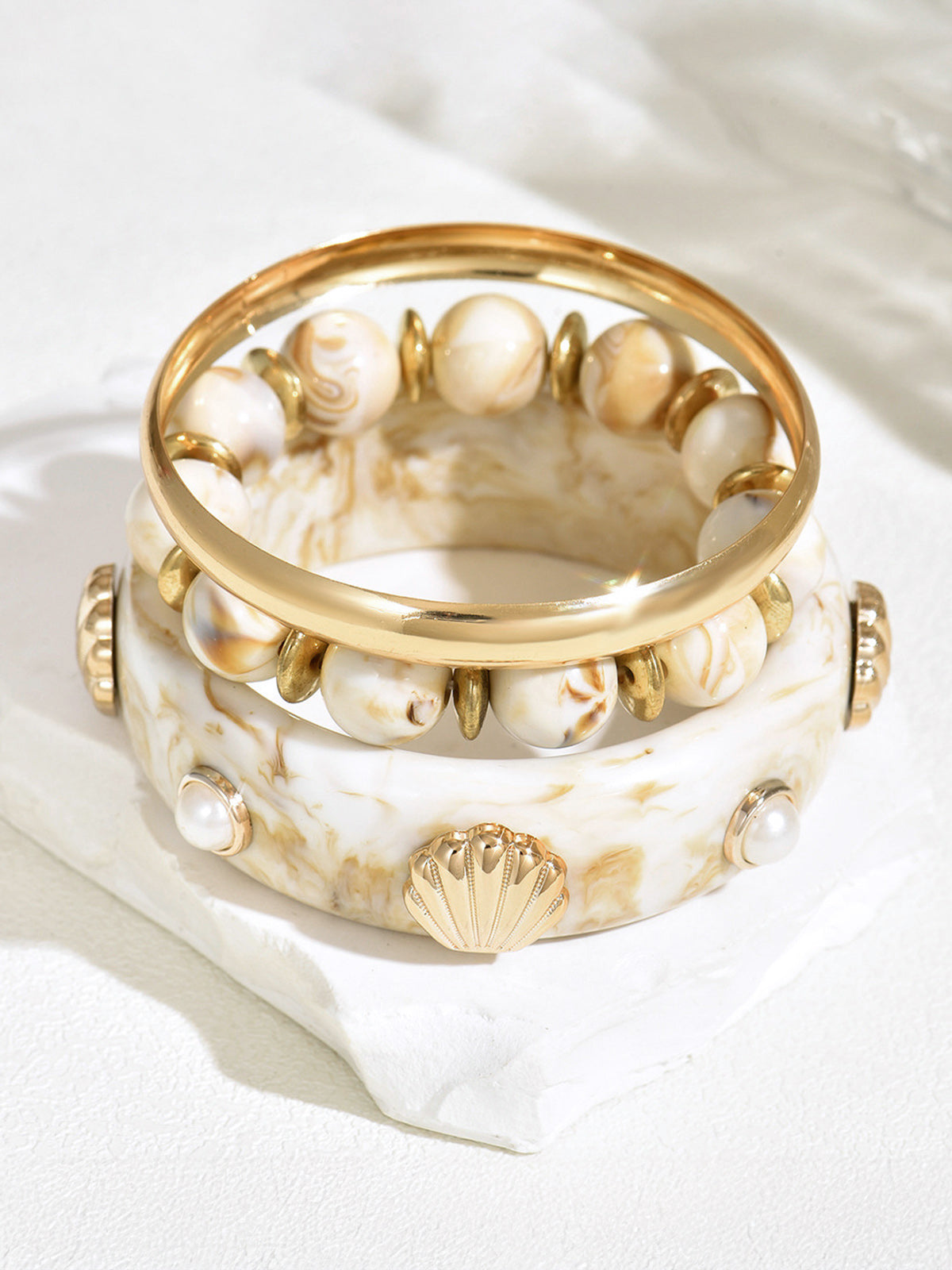 3pcs Stackable Shell Bracelet Set Adjustable Boho Beach Jewelry