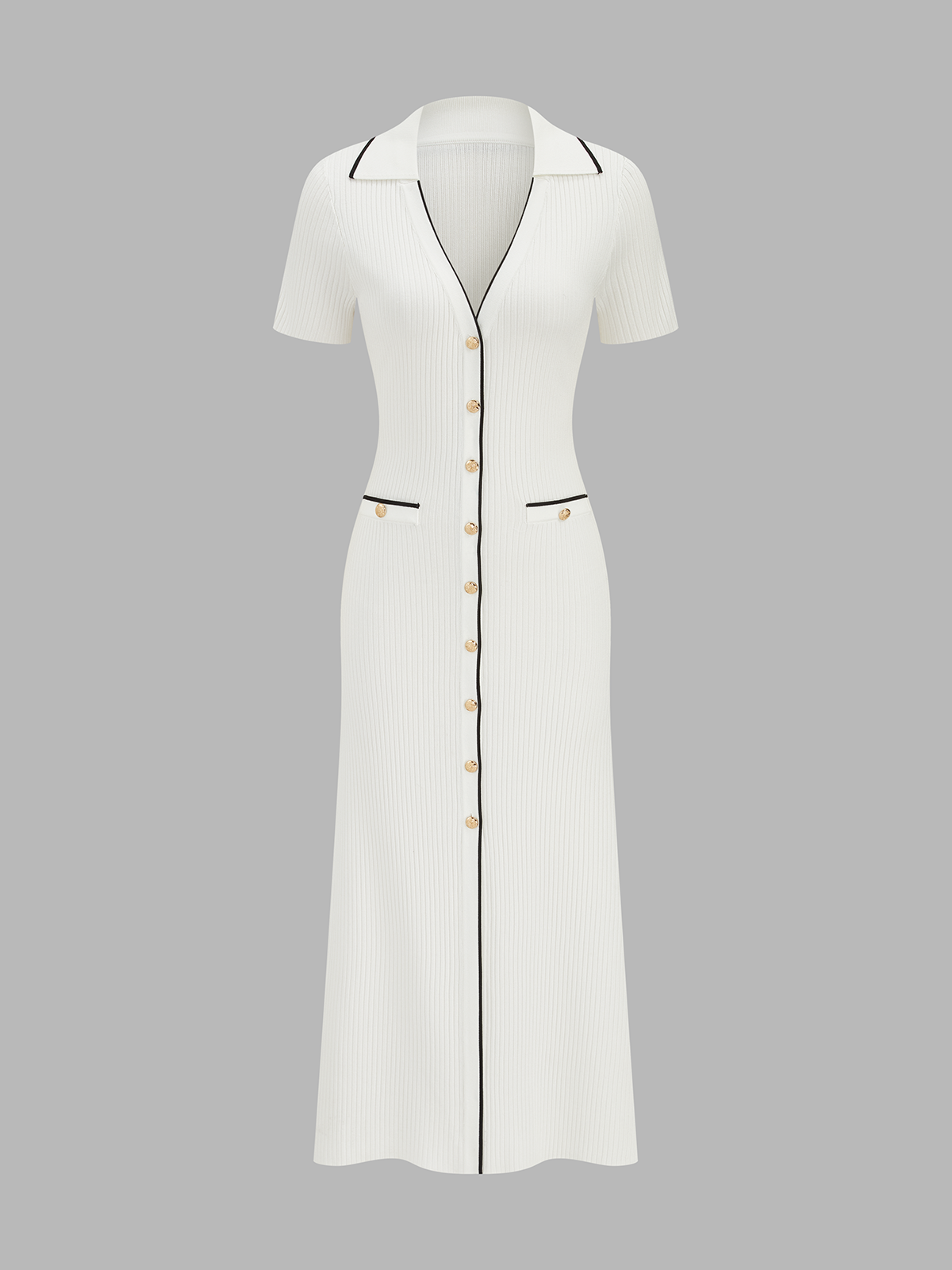 Contrast Trim Button Front Knit Maxi Dress with Long Sleeves and Pockets
