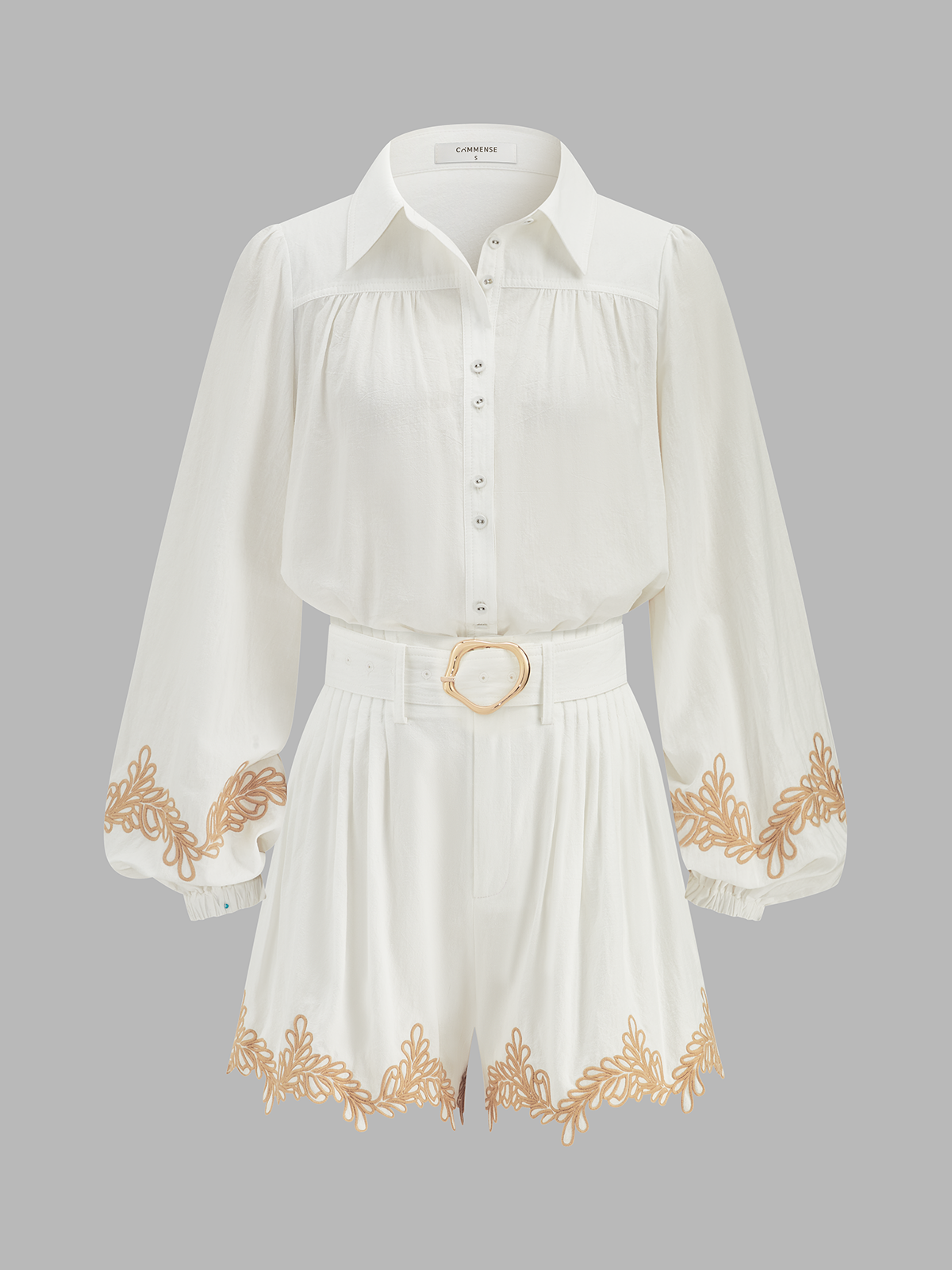 Cotton Embroidered Shirt & Belted Shorts Set For Summer Comfort