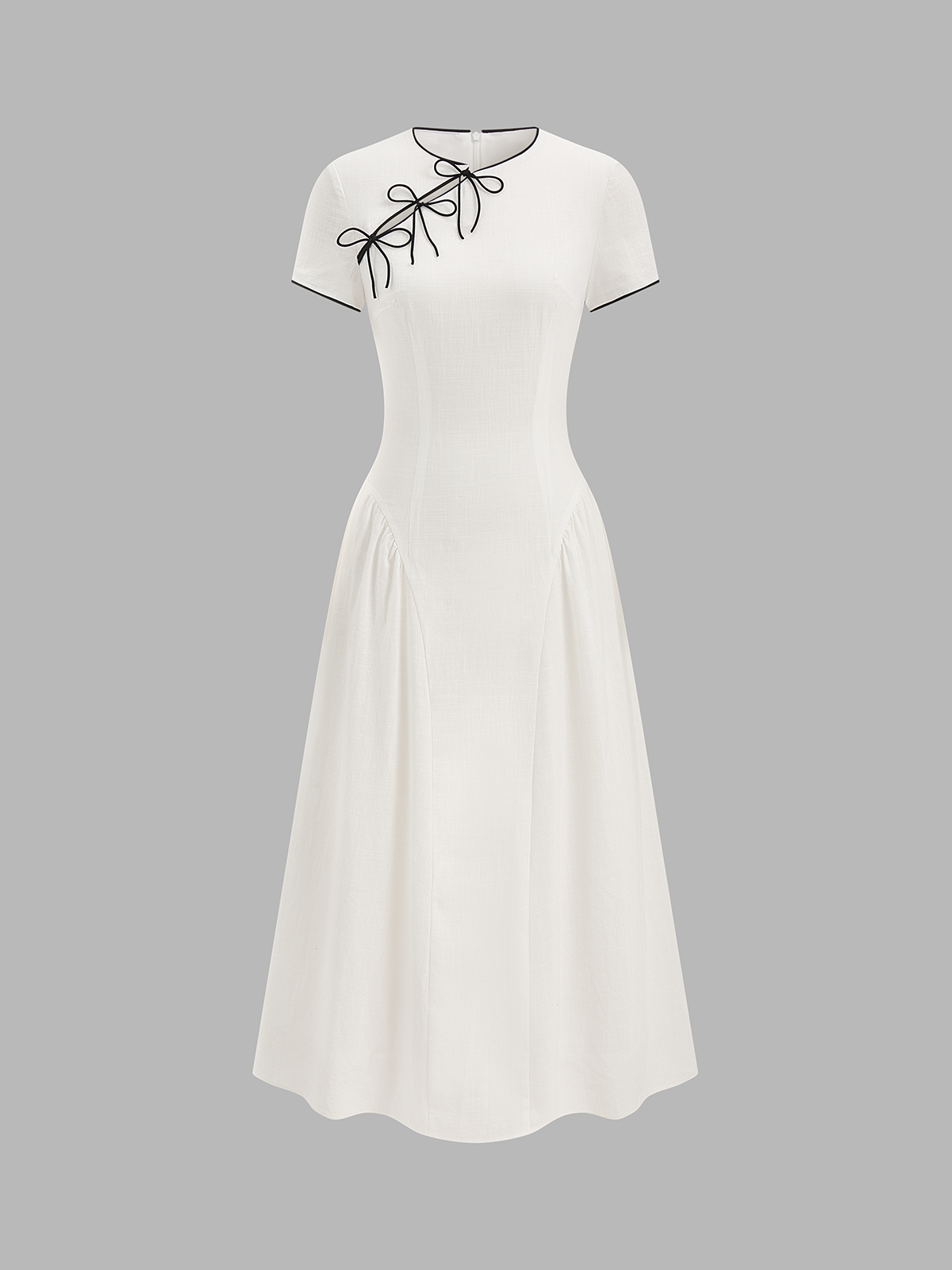 Bow Detail Cotton Cheongsam Midi Dress with Elegant Embroidery Detail