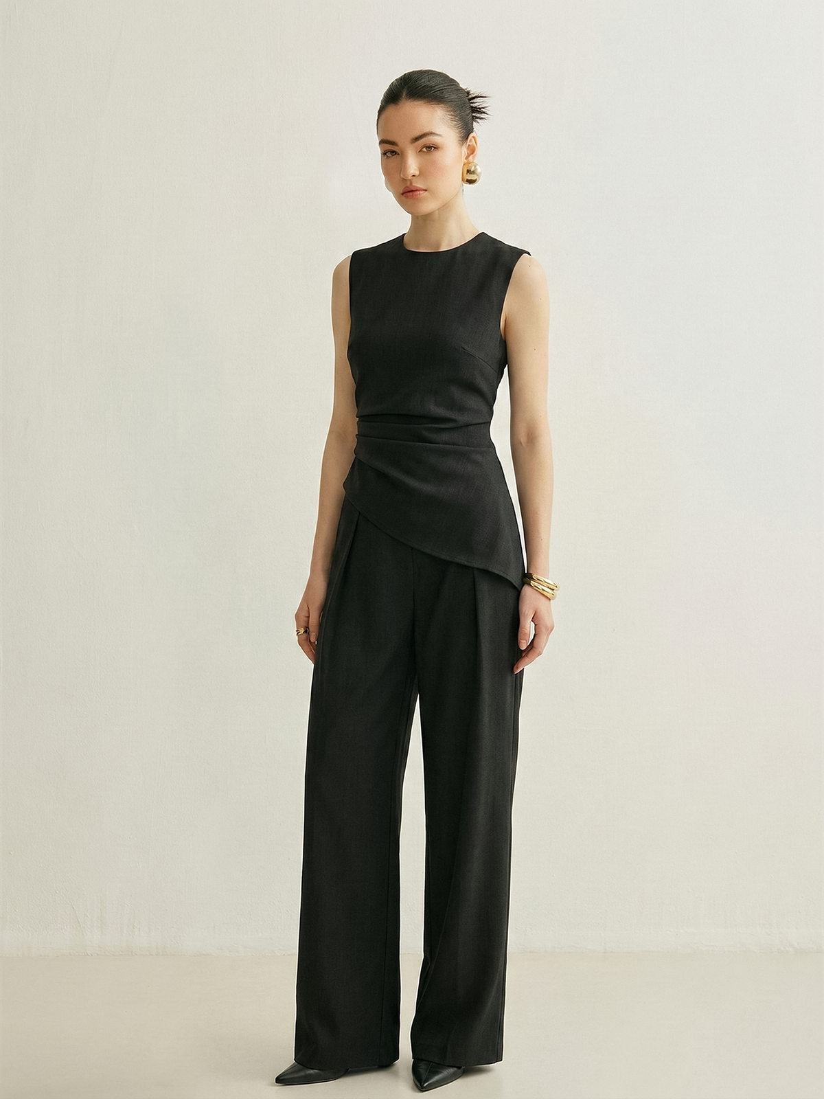 Sleeveless Asymmetric Top & Pleated Pants Set for Women's Formal Wear