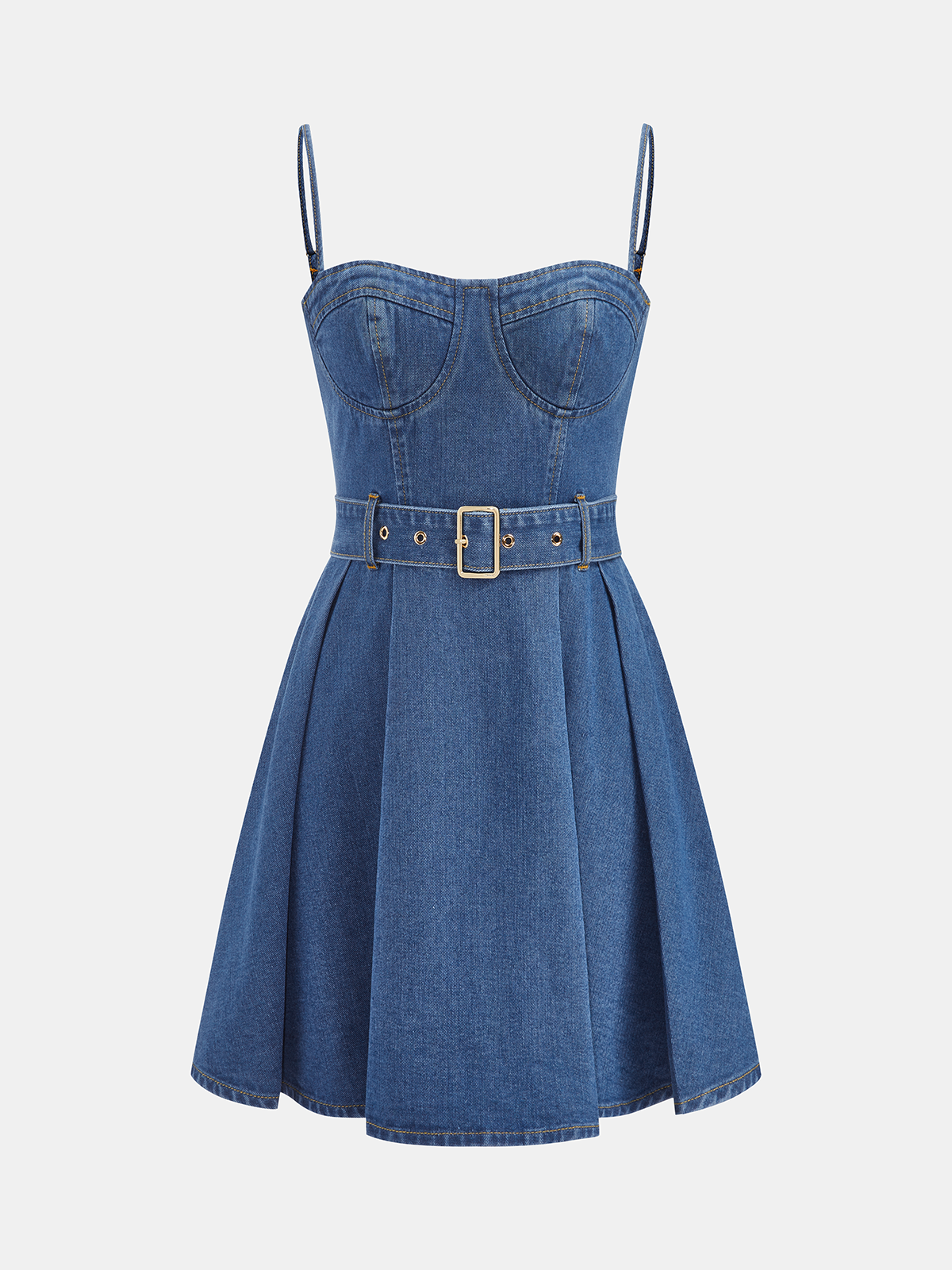 Belted Denim Cami Mini Dress with Adjustable Straps
