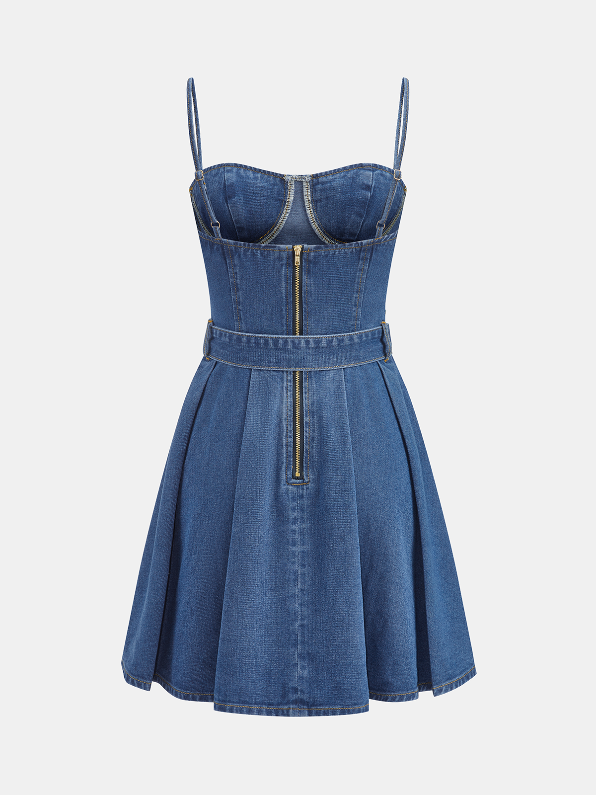 Belted Denim Cami Mini Dress with Adjustable Straps